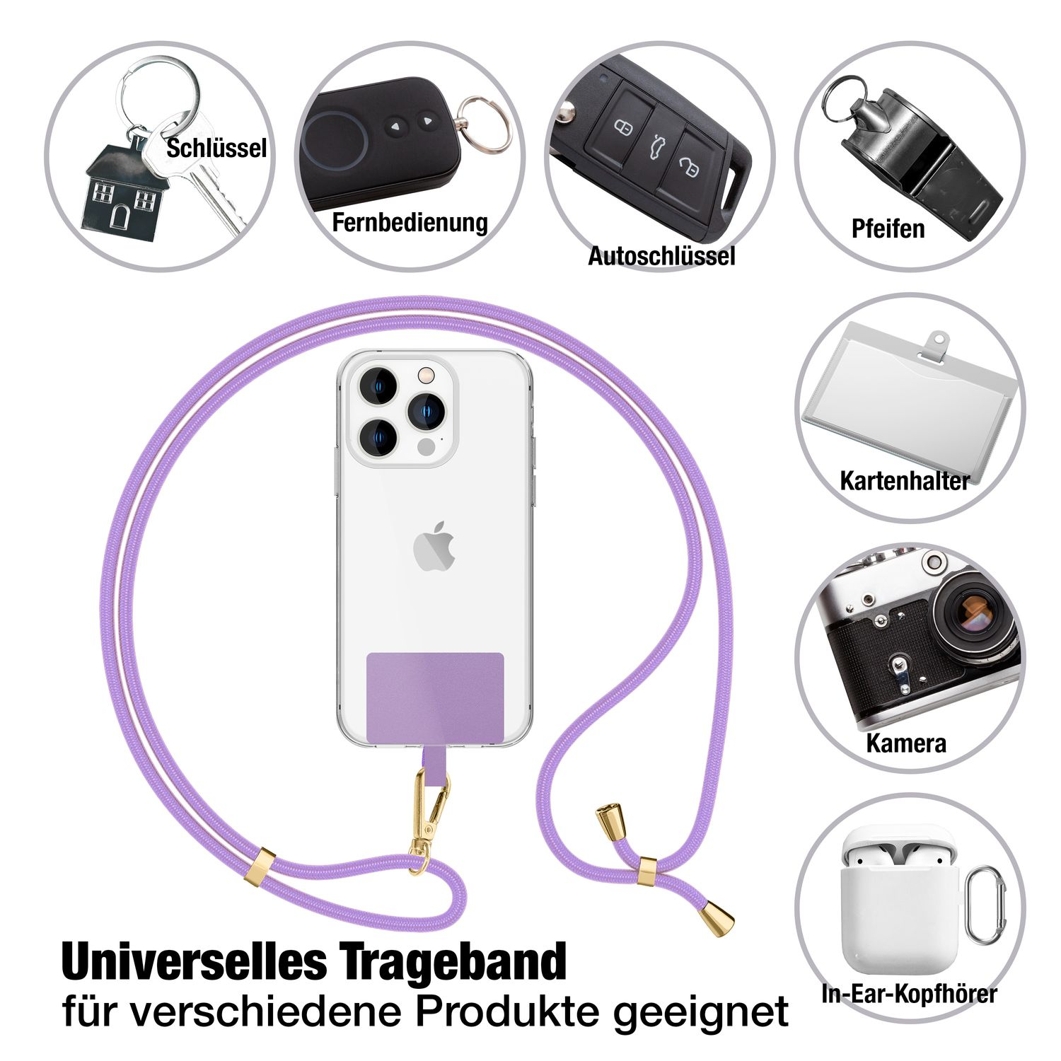 Lila Telefon-Umhängeband mit verschiedenen Artikeln: Schlüssel, Fernbedienung, Autoschlüssel, Pfeife, Kartenhalter, Kamera und AirPods.