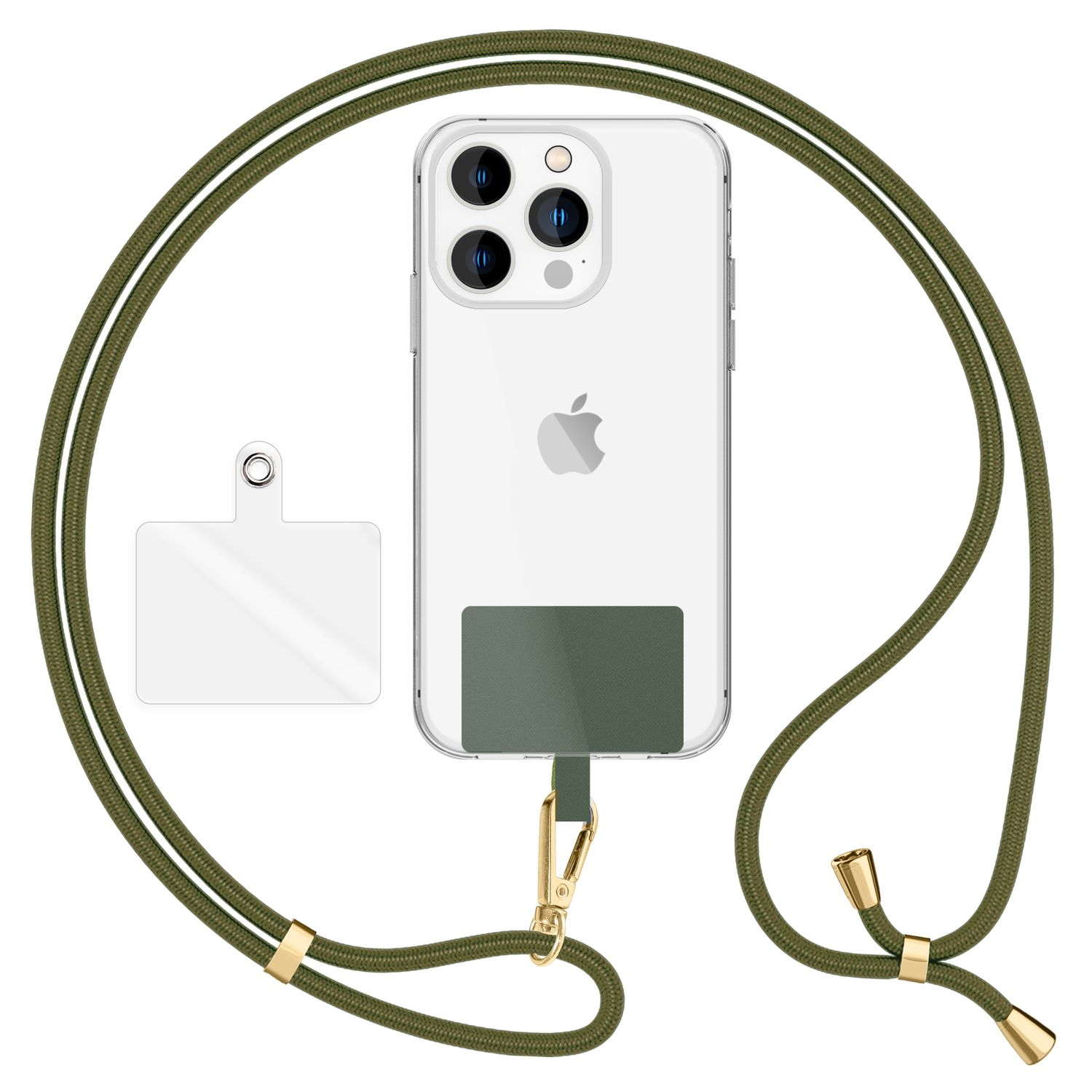 Ein Telefon mit Lanyard, einem transparenten Patch und einer olivgrünen Schnur, alles vor weißem Hintergrund.