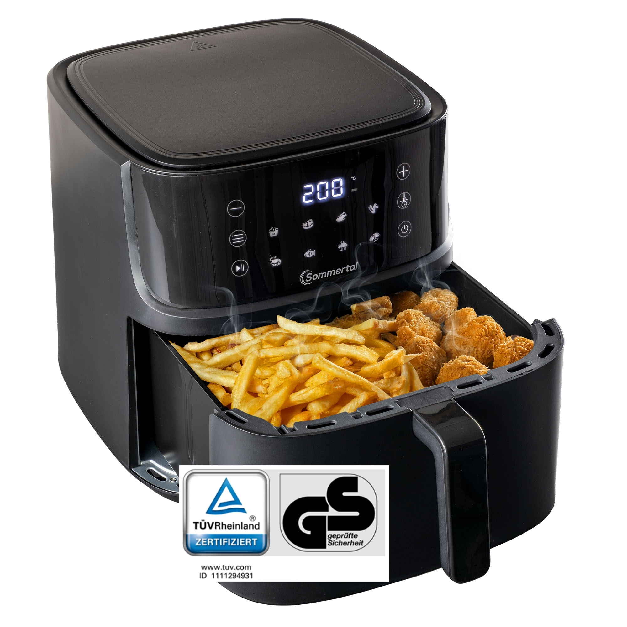 Eine schwarze Heißluftfritteuse mit Pommes und Chicken Nuggets sowie einer Digitalanzeige.