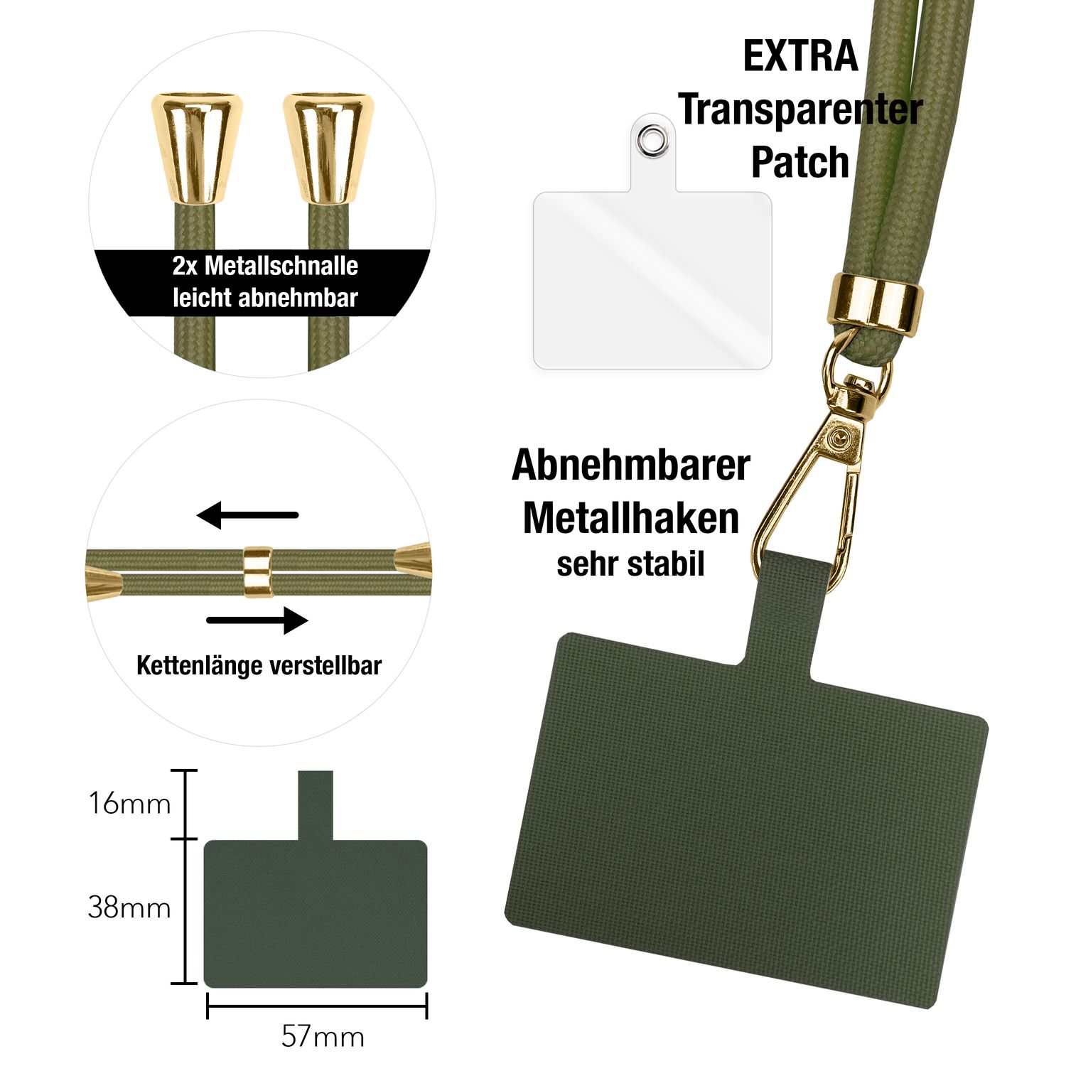 Nahaufnahme eines Lanyard-Aufsatzes mit transparentem Patch und Abmessungen des Aufsatzes.