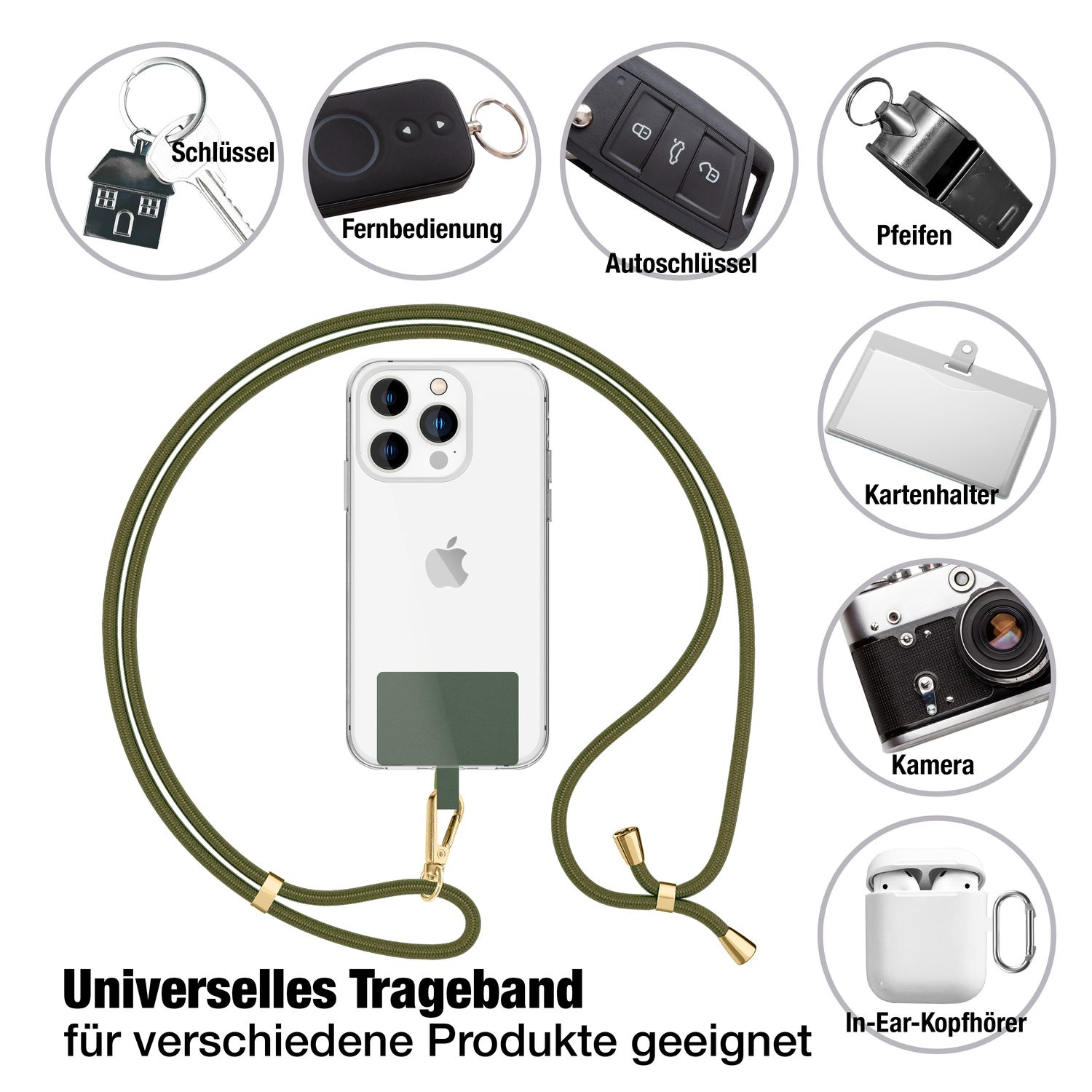 Zubehör: Schlüssel, Fernbedienung, Autoschlüssel, Pfeife, Kartenhalter, Kamera, Ohrhörer und ein Telefon mit grünem Band.