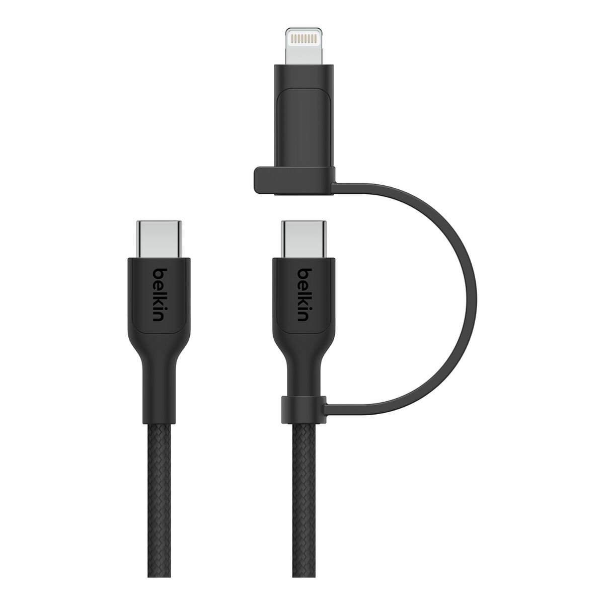 Un câble de charge Belkin 3-en-1 noir avec un connecteur Lightning et deux connecteurs USB-C.