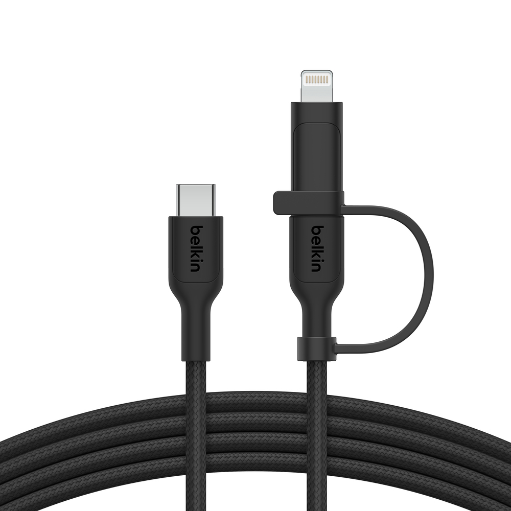 Câble de charge Belkin noir avec connecteurs USB-C et Lightning.
