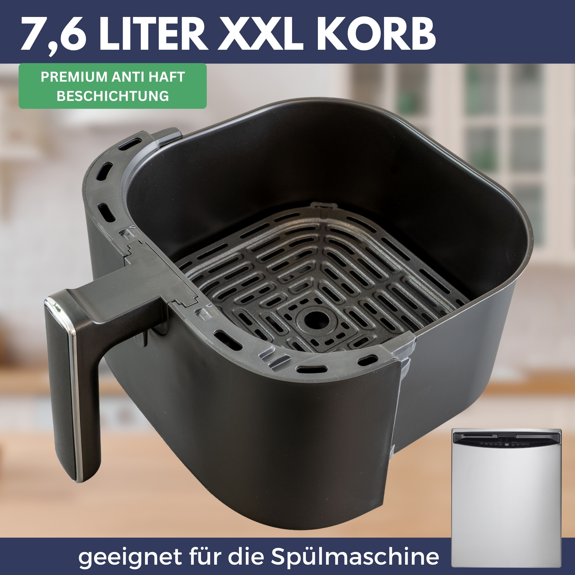 Schwarze Heißluftfritteuse mit Text, sichtbarer Kochkorb, auf Arbeitsplatte.