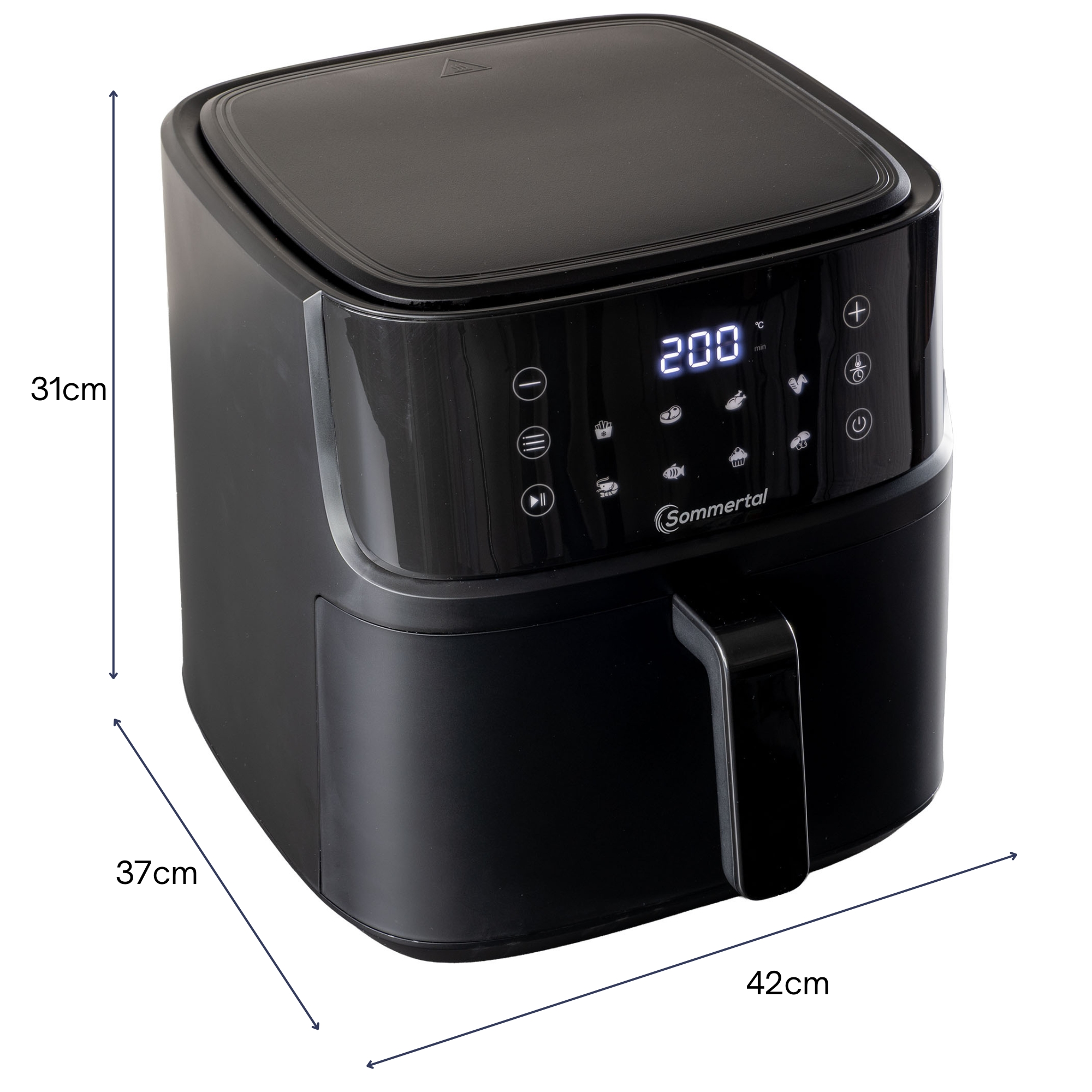 Schwarze Heißluftfritteuse mit Abmessungen, Digitalanzeige zeigt 200°C.
