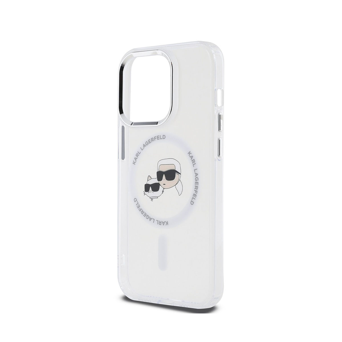 Custodia trasparente con logo Karl Lagerfeld, sfondo bianco, vista laterale.