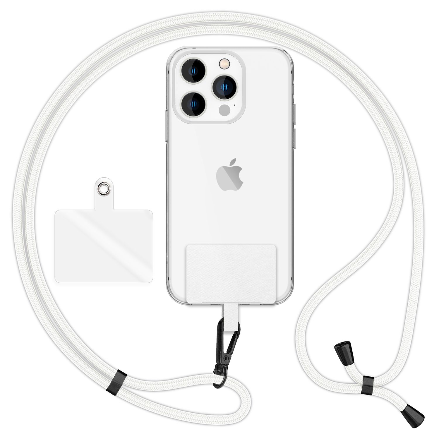 Weißes Telefon-Lanyard, das ein klares Telefon hält. Lanyard und Patch sind weiß.