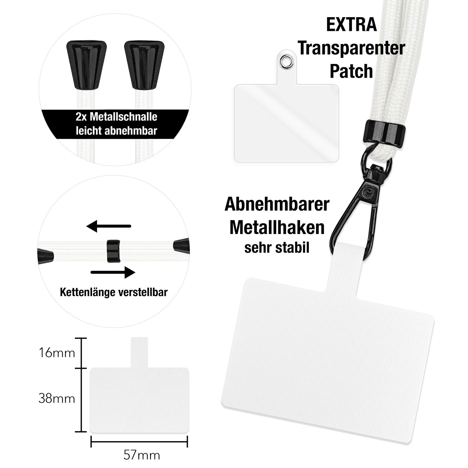 Diagramm mit Text und Messungen für einen Telefon-Lanyard-Patch und Hardware.