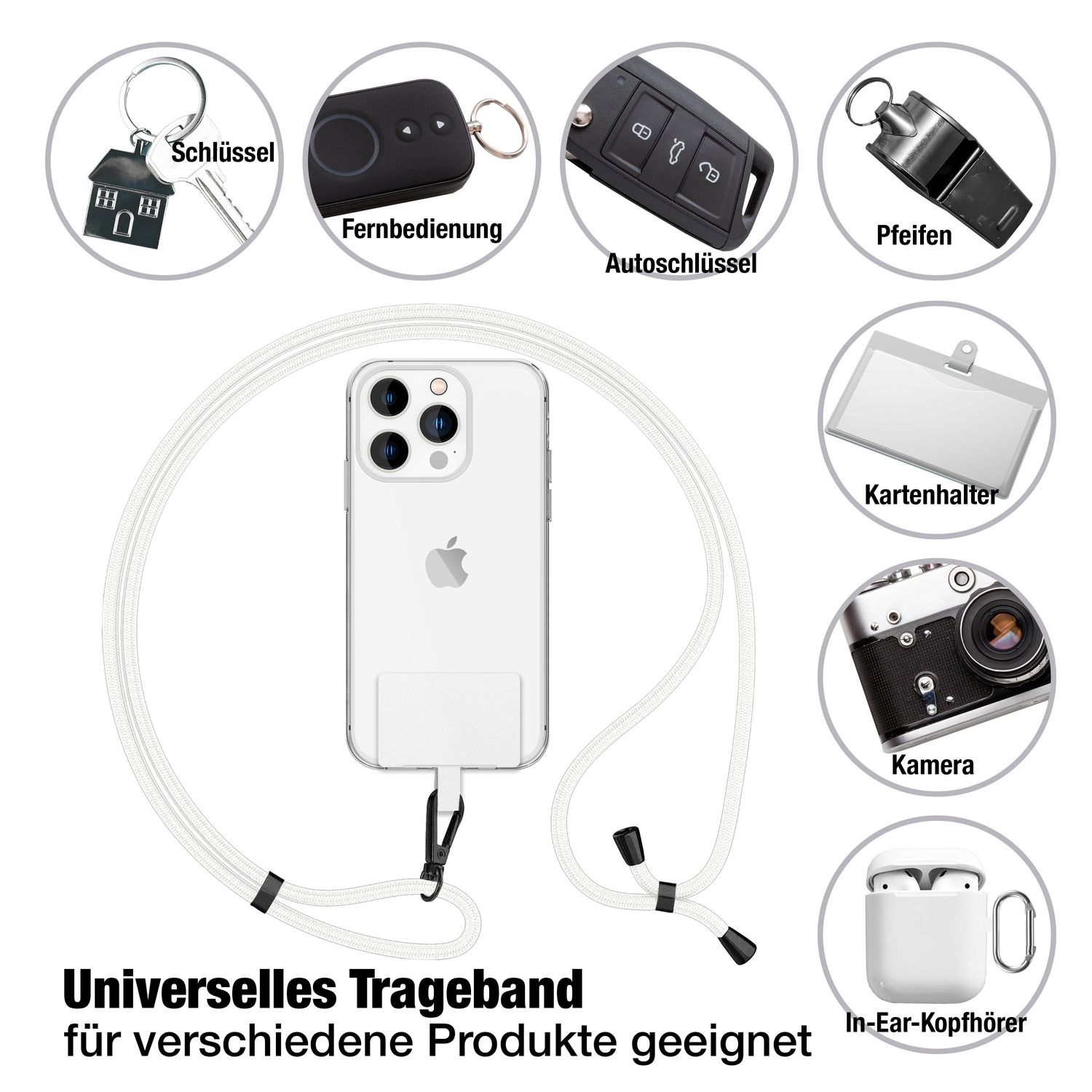 Eine Sammlung von Gegenständen, darunter Schlüssel, Fernbedienung, Autoschlüssel, Pfeife, Kartenhalter, Kamera und Kopfhörer.