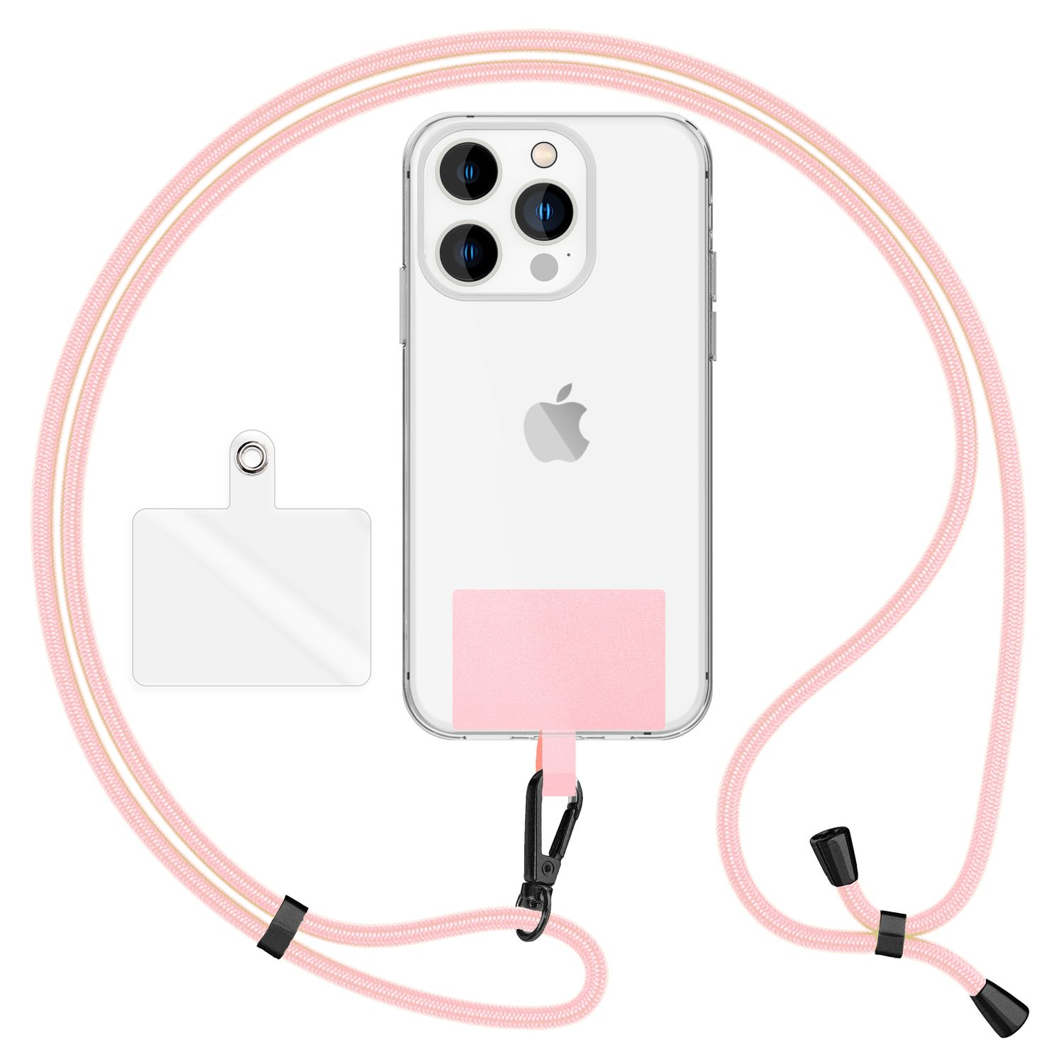 Ein rosa Telefon-Lanyard, das ein klares Telefon hält. Lanyard und Patch sind rosa.