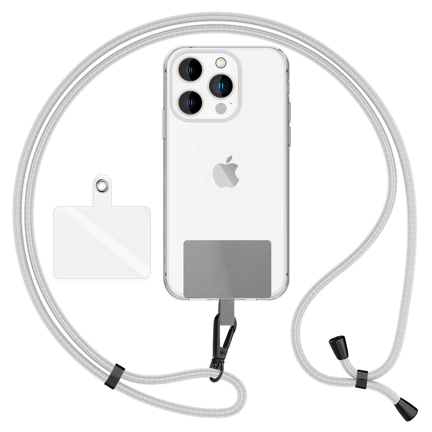 Ein Telefon mit durchsichtigem Rücken und einem weißen Schlüsselband. Das Schlüsselband hat einen durchsichtigen Patch.
