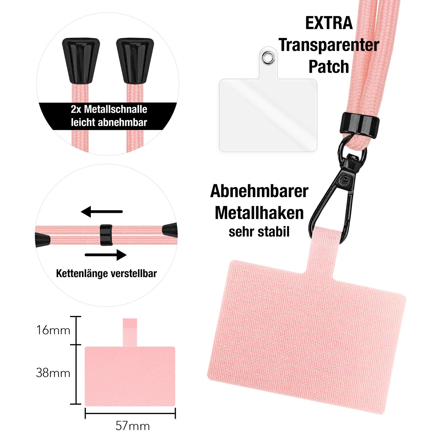 Diagramm mit Text und Messungen für einen rosa Telefon-Lanyard-Patch und Hardware.