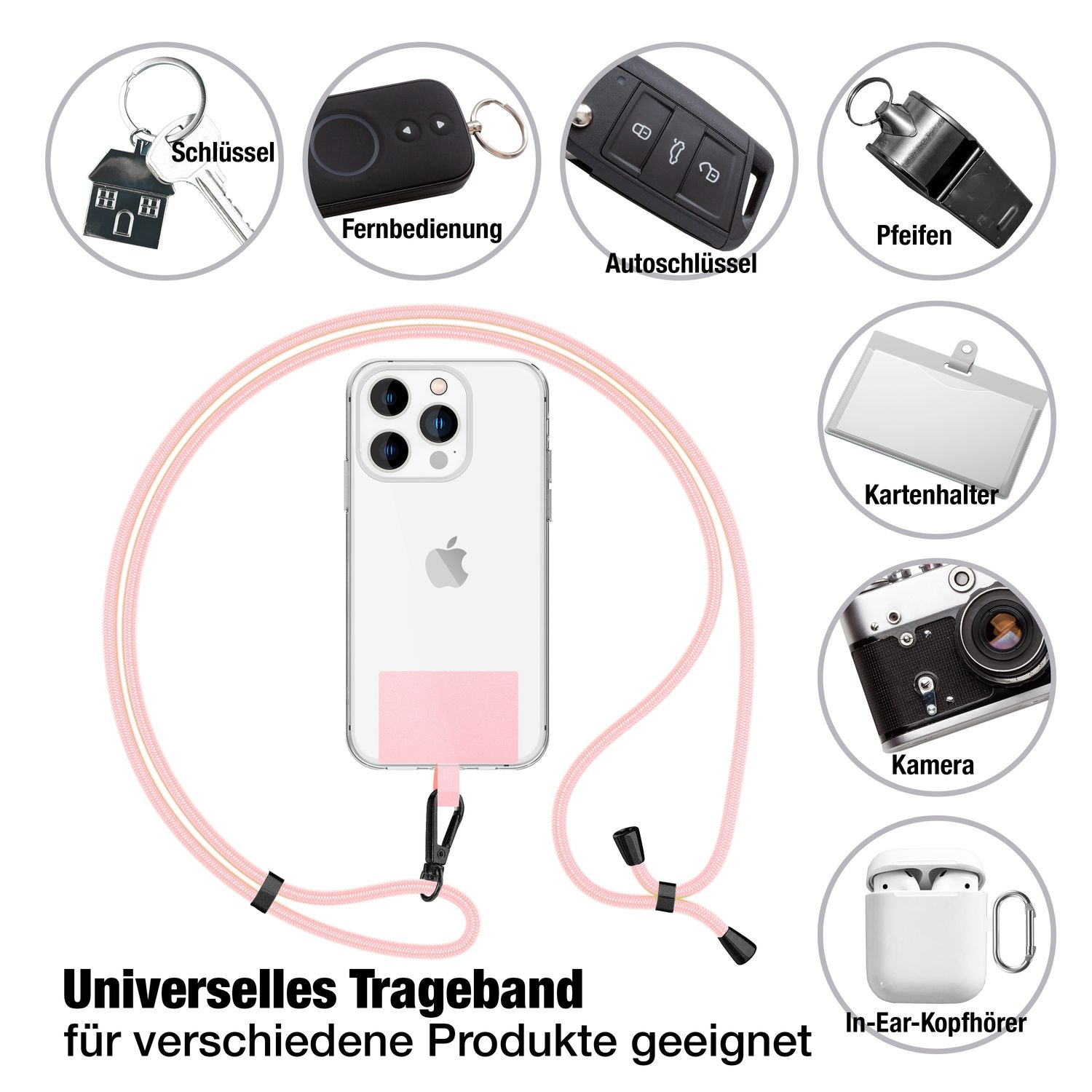Ein Telefon mit verschiedenen Gegenständen drum herum. Zu den Artikeln gehören ein Schlüssel, eine Fernbedienung und Schlüssel. Rosa Lanyard.
