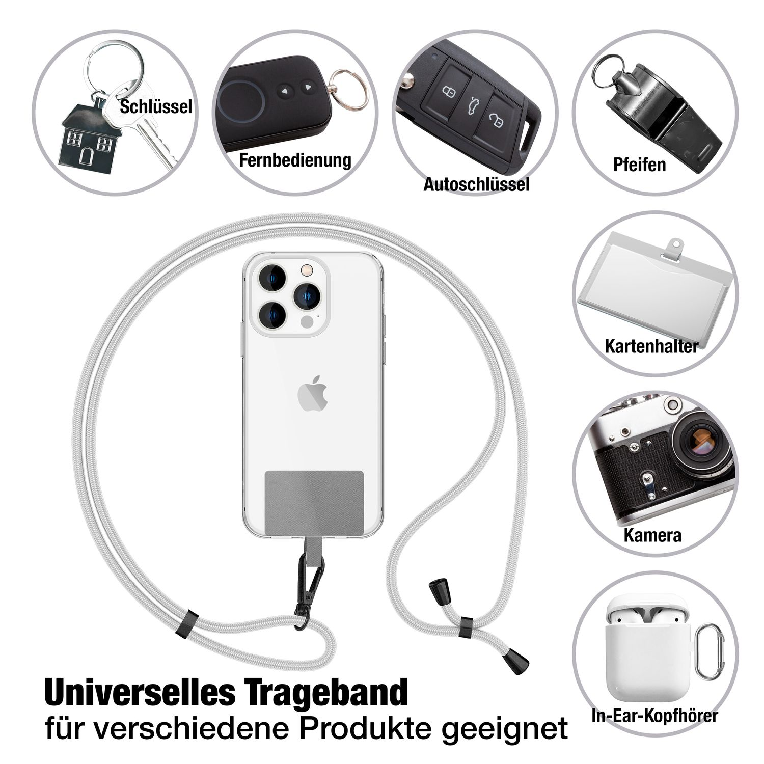 Ein Telefon mit verschiedenen Gegenständen drum herum. Zu den Artikeln gehören ein Schlüssel, eine Fernbedienung und Schlüssel.