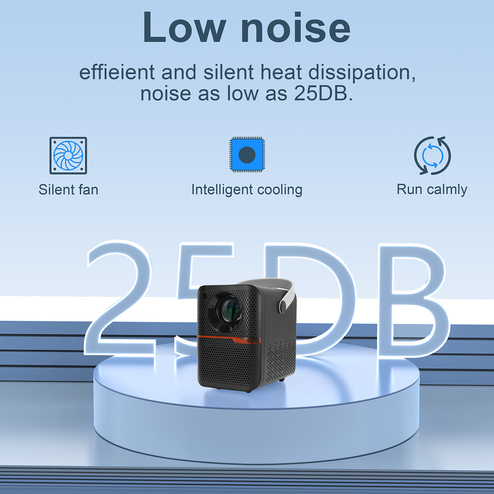 Schwarzer Projektor mit Griff, und die Zahl 25DB.