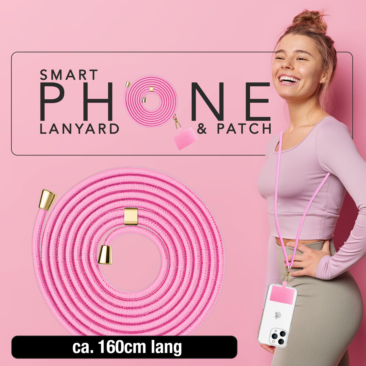 Frau mit Telefon-Schlüsselband, rosa Kordel und Patch.