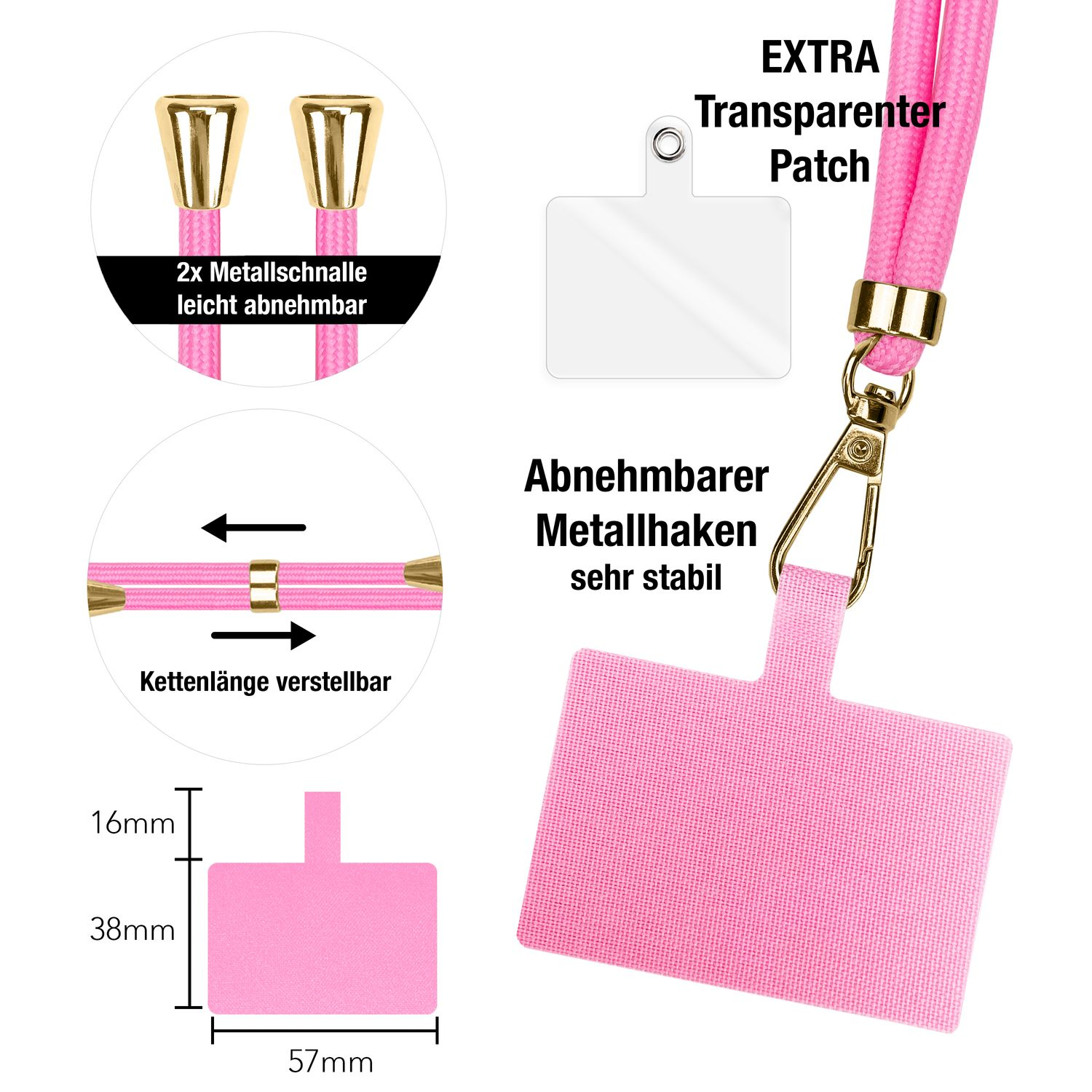 Diagramm mit Text und Messungen für einen rosa Telefon-Lanyard-Patch und Hardware.
