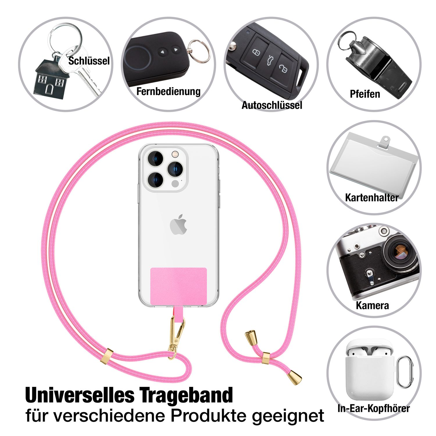 Verschiedene Artikel mit einem Telefon und rosa Schlüsselband.