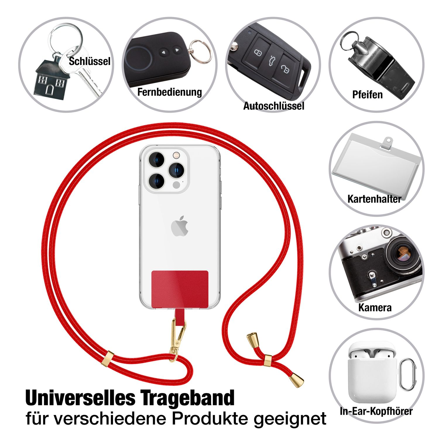 Telefon mit Gegenständen um ihn herum; Schlüssel, Fernbedienung, Autoschlüssel, Pfeife, Kartenhalter, Kamera und Ohrhörer.