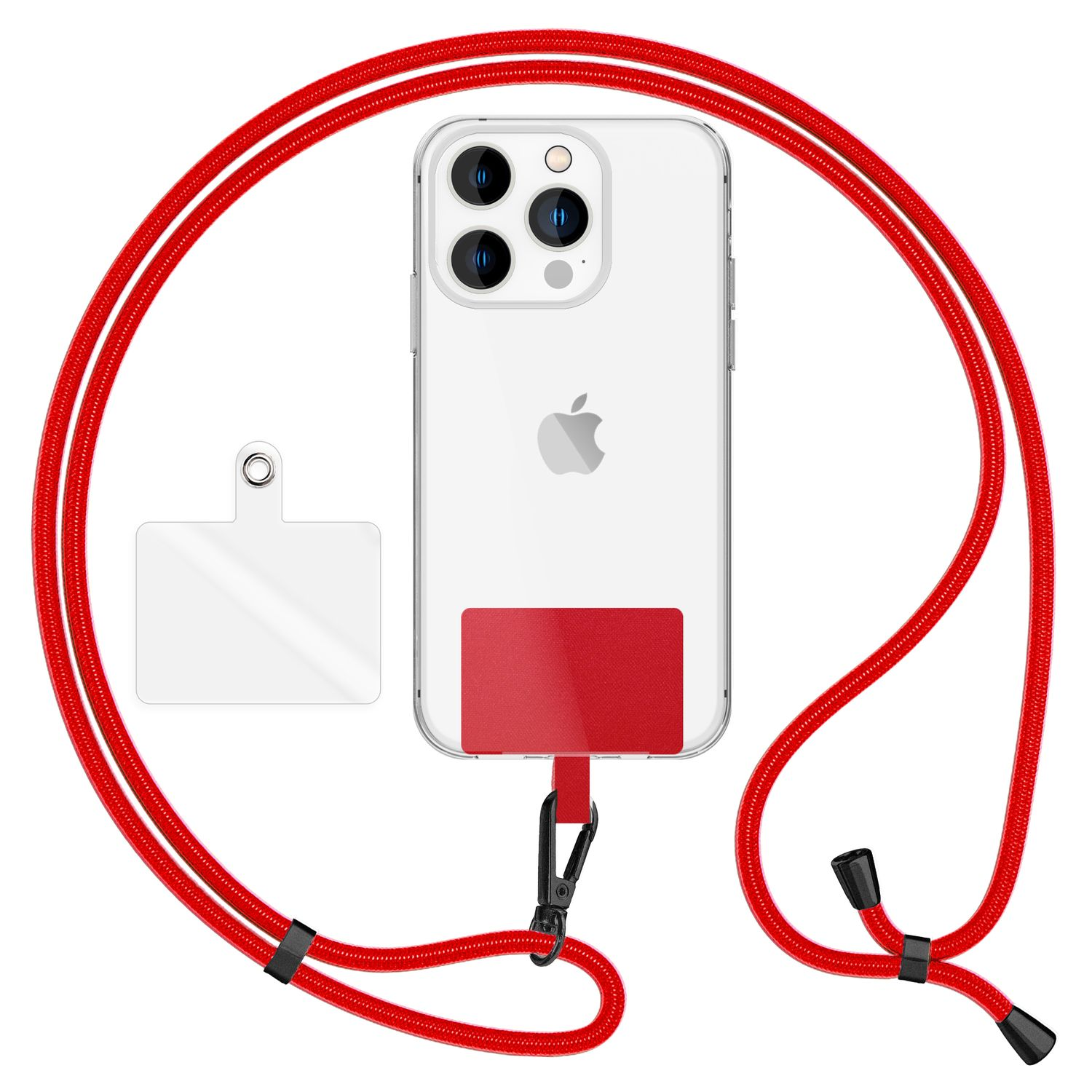 Eine transparente Handyhülle mit rotem Lanyard. Das Telefon befindet sich auf weißem Hintergrund. Lanyard mit transparentem Patch.