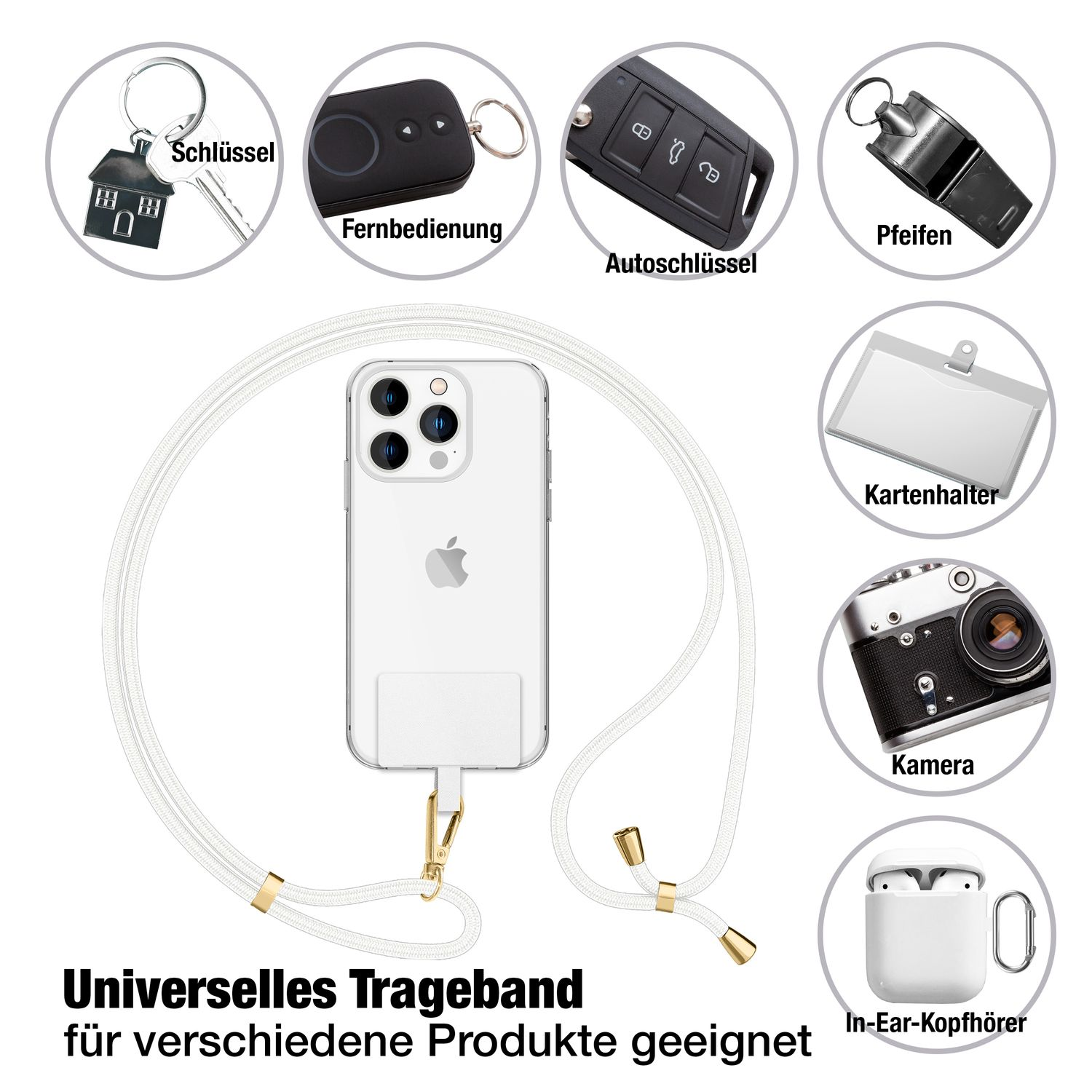 Telefon mit Gegenständen um ihn herum; Schlüssel, Fernbedienung, Autoschlüssel, Pfeife, Kartenhalter, Kamera und Ohrhörer.