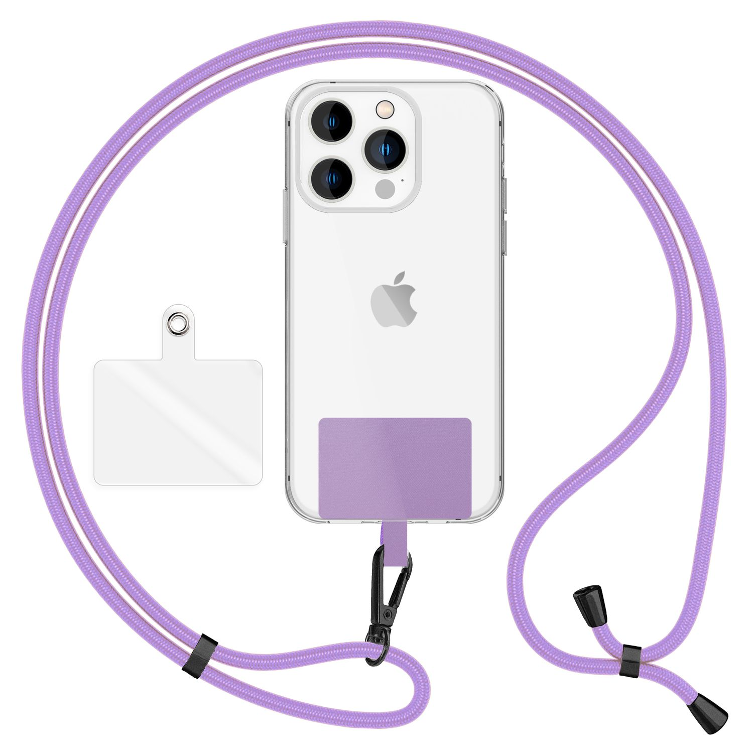 Smartphone mit lila Umhängeband. Transparenter Patch neben dem Telefon, schwarzer Verschluss.