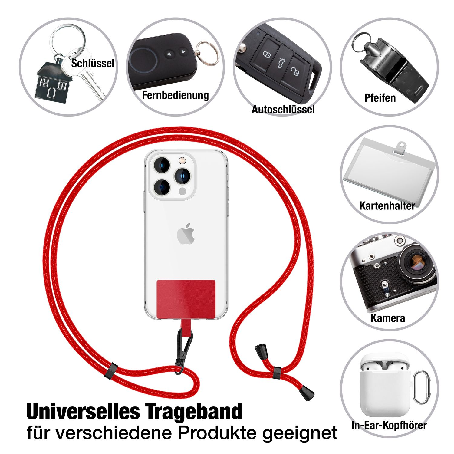 Verschiedene Gegenstände wie Schlüssel, Fernbedienung, Autoschlüssel, Pfeife, Kartenhalter, Kamera und Kopfhörer.