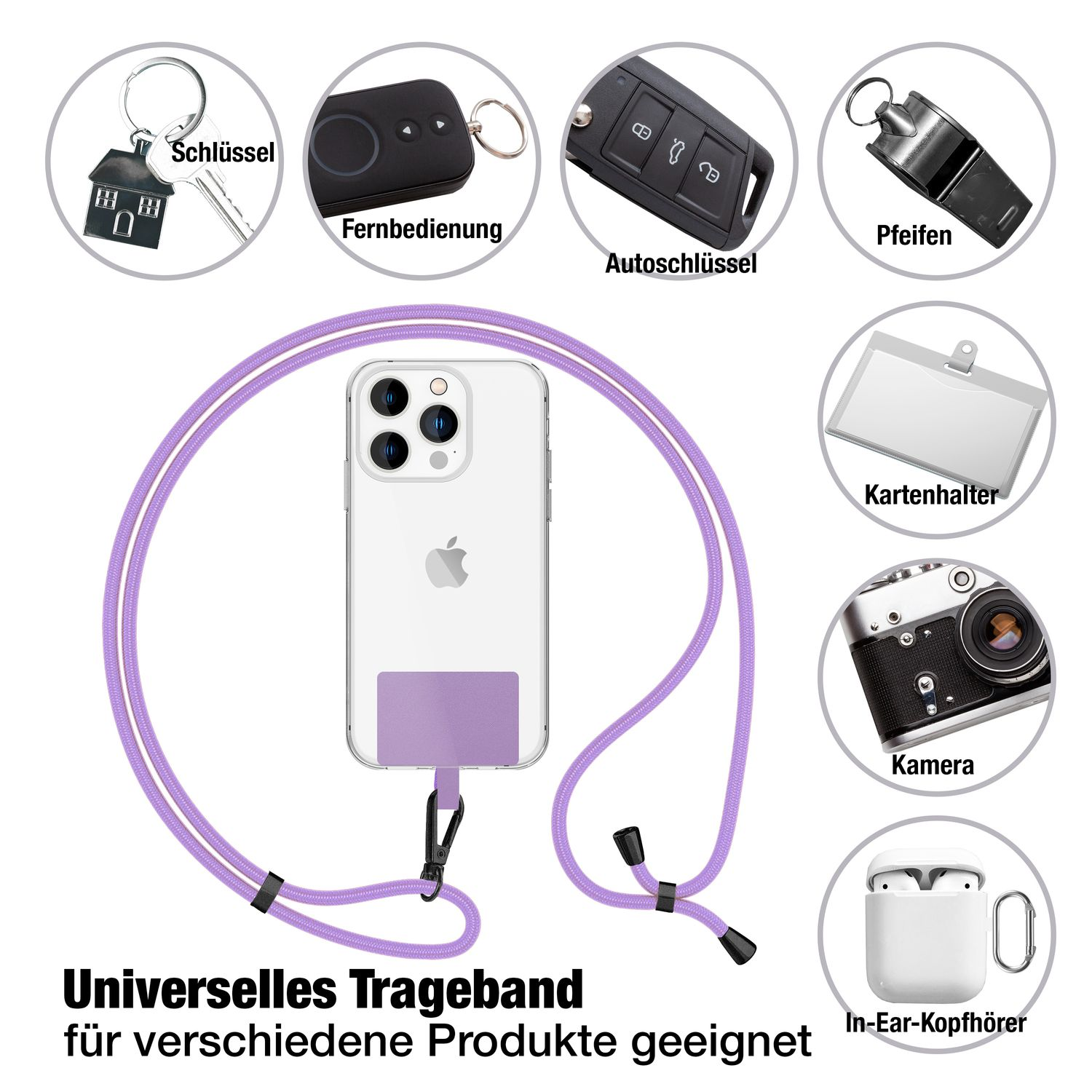 Verschiedene Gegenstände wie Schlüssel, Fernbedienung, Autoschlüssel, Pfeife, Kartenhalter, Kamera und Kopfhörer.