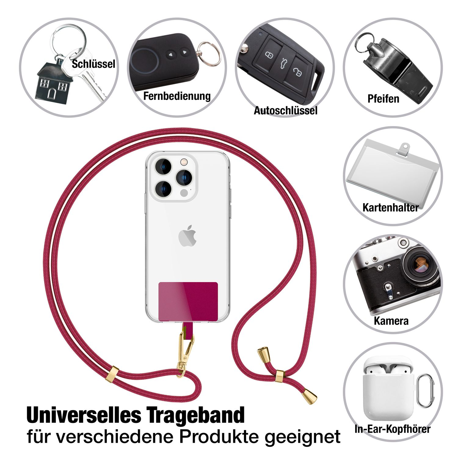 Ein Telefon mit rotem Band und Zubehör: Schlüssel, Fernbedienung, Pfeife usw.