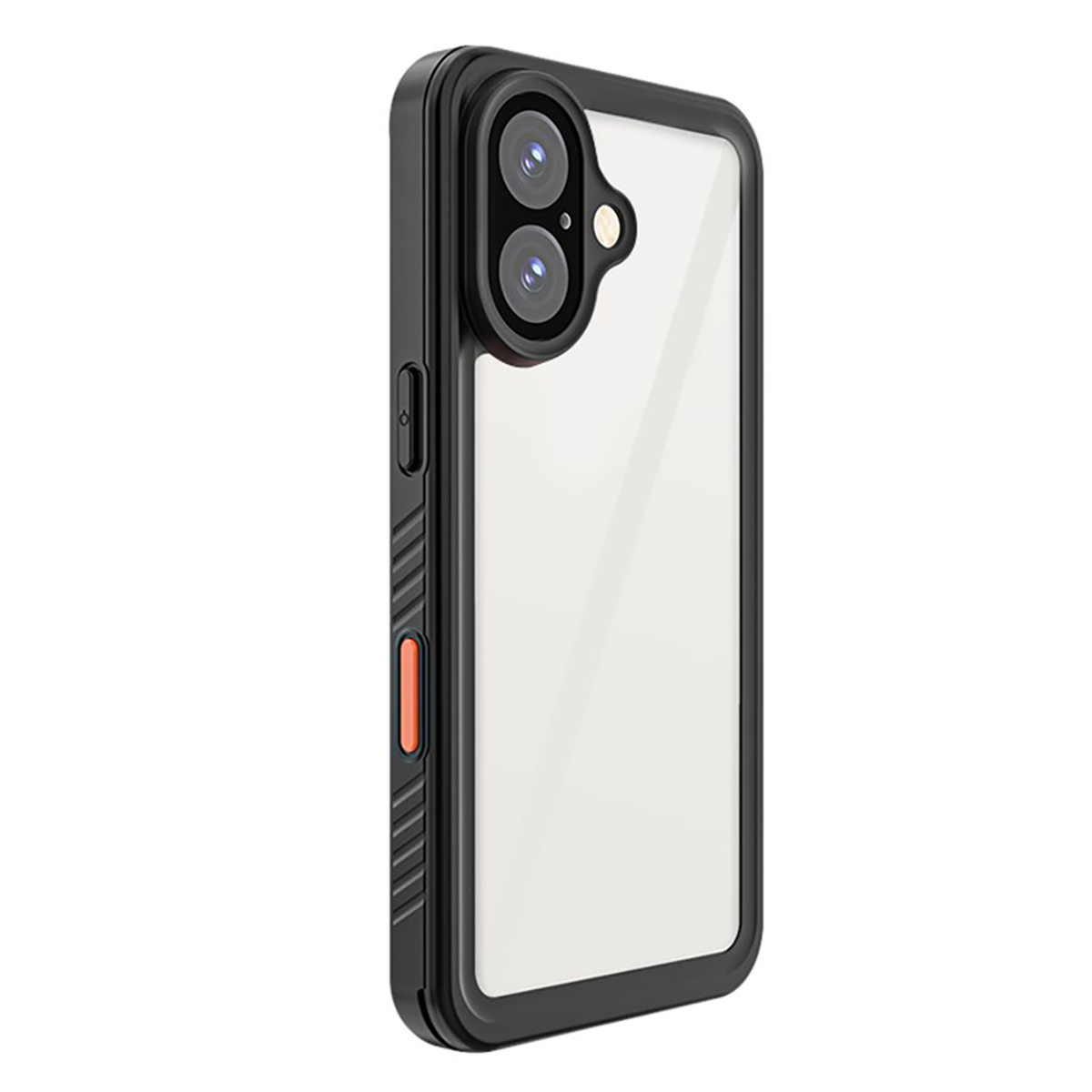 Custodia nera per telefono con retro trasparente. Pulsante arancione sul lato. Fotocamere del telefono visibili.