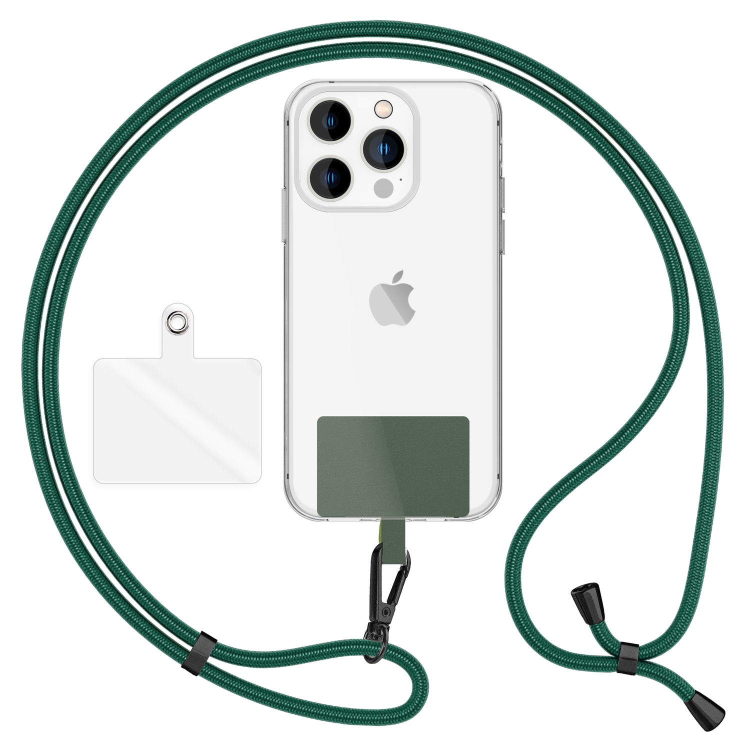 Ein Telefon mit grünem Band, transparentem Patch und Haken, demonstriert die Nutzung.