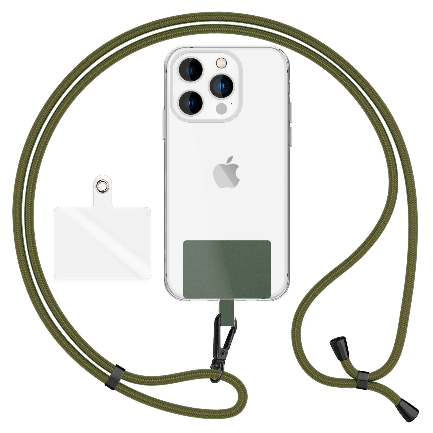 Smartphone mit grünem Umhängeband. Transparenter Patch neben dem Telefon, schwarzer Verschluss.