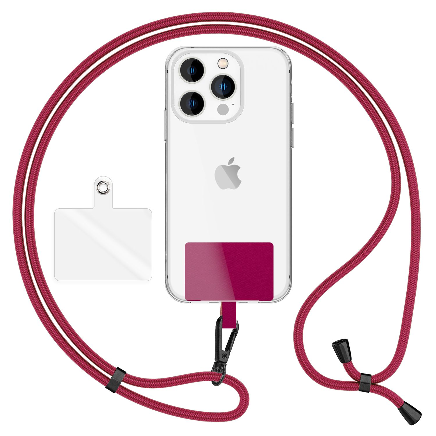Smartphone mit weinrotem Umhängeband. Transparenter Patch neben dem Telefon, schwarzer Verschluss.