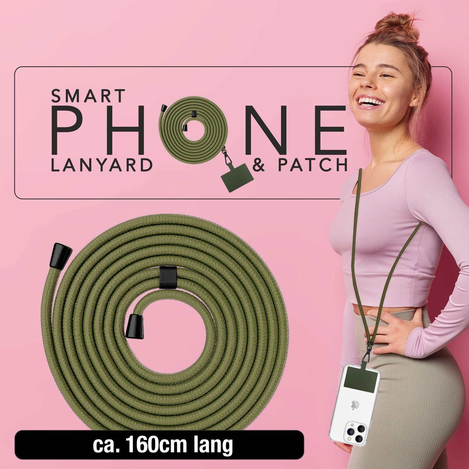 Frau mit grünem Handy-Umhängeband. Lange Spule des Bandes unten. Text: "ca. 160cm lang".