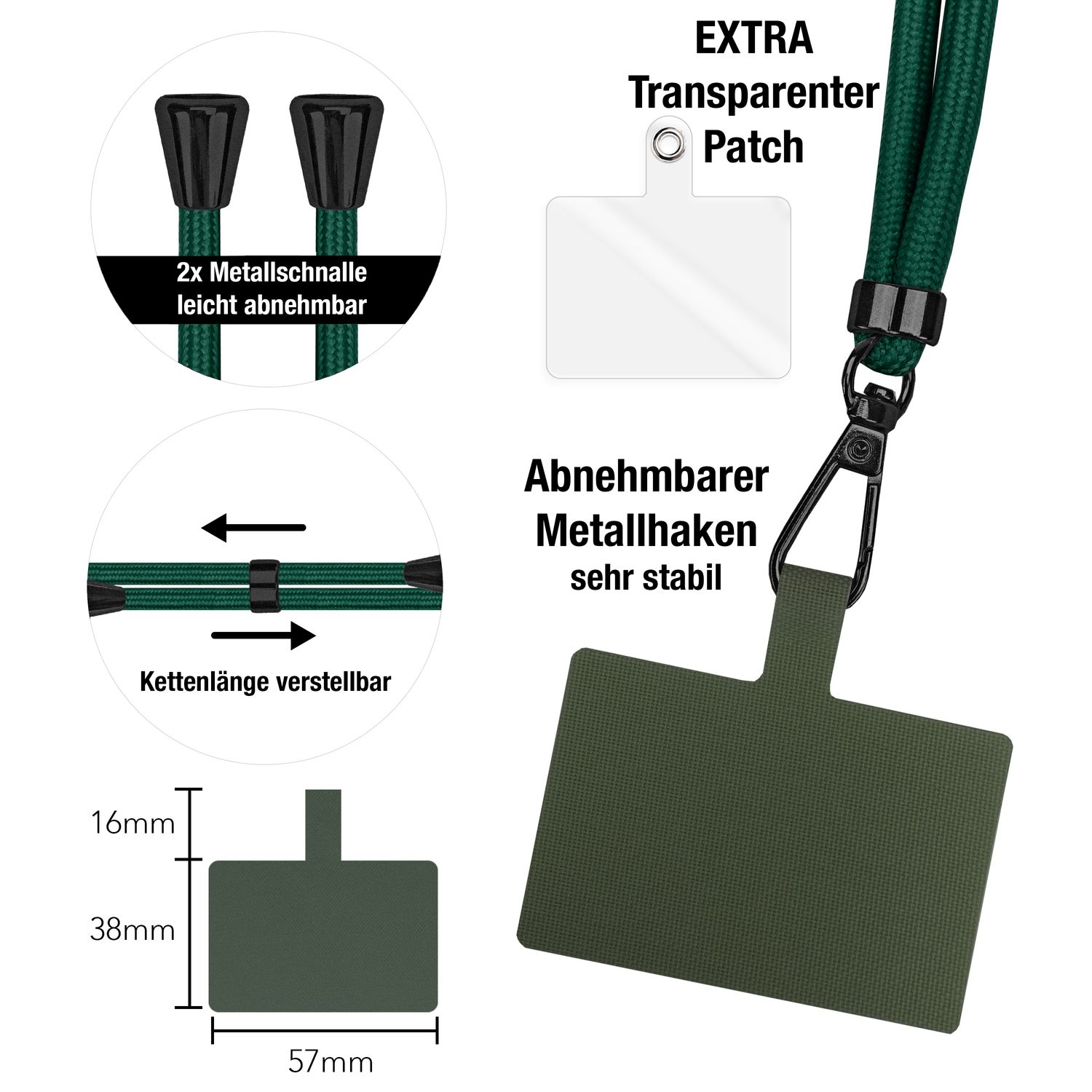 Nahaufnahme von Details eines Telefon-Umhängebandes. Metallverschlüsse, verstellbare Länge und Maße des Patches.