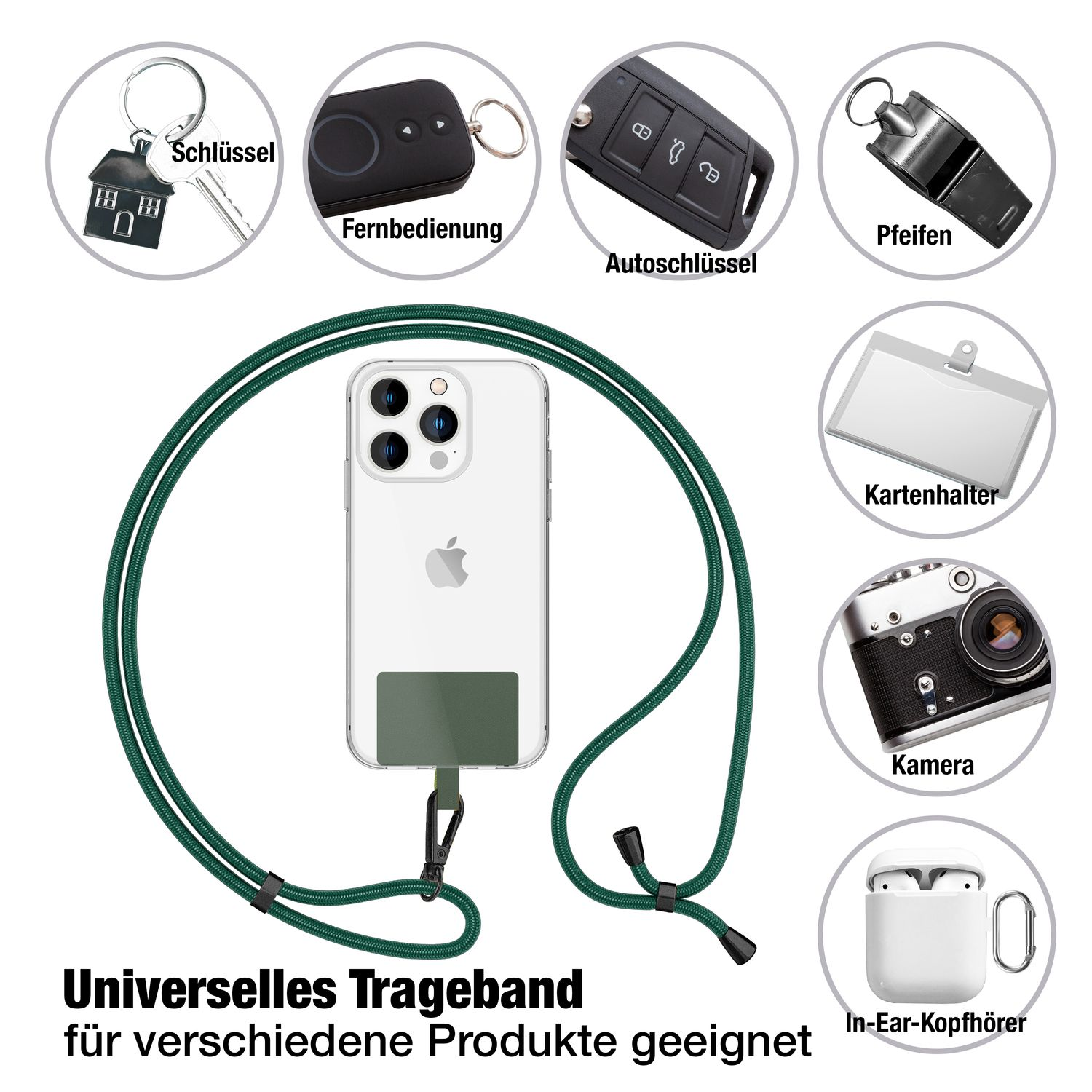 Ein Telefon mit grünem Band und Zubehör: Schlüssel, Fernbedienung, Pfeife usw.