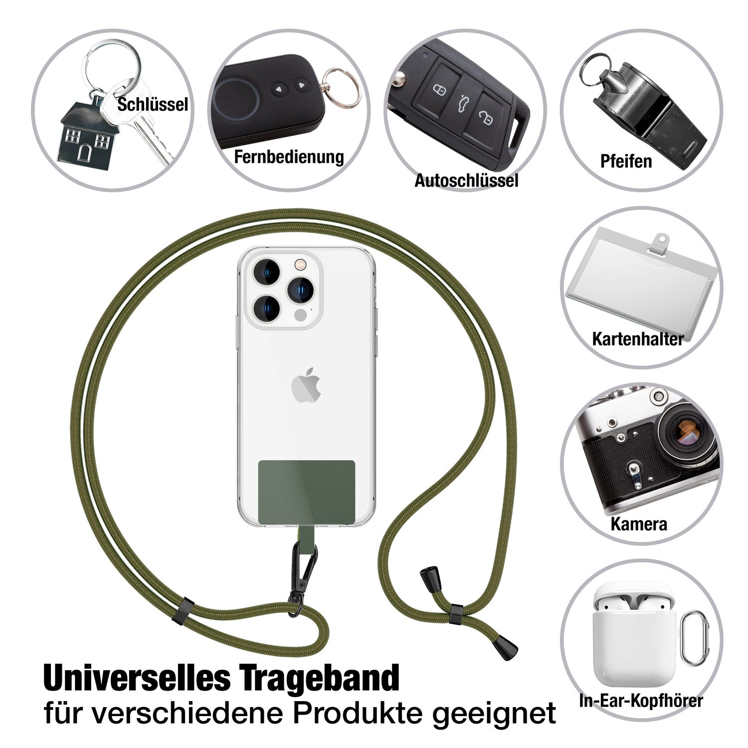 Ein Telefon mit grünem Band und Zubehör: Schlüssel, Fernbedienung, Pfeife usw.