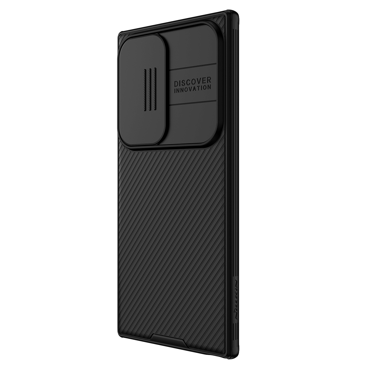 Schwarze Handyhülle mit Kameraabdeckung, vertikale Ausrichtung, mit strukturiertem Muster.