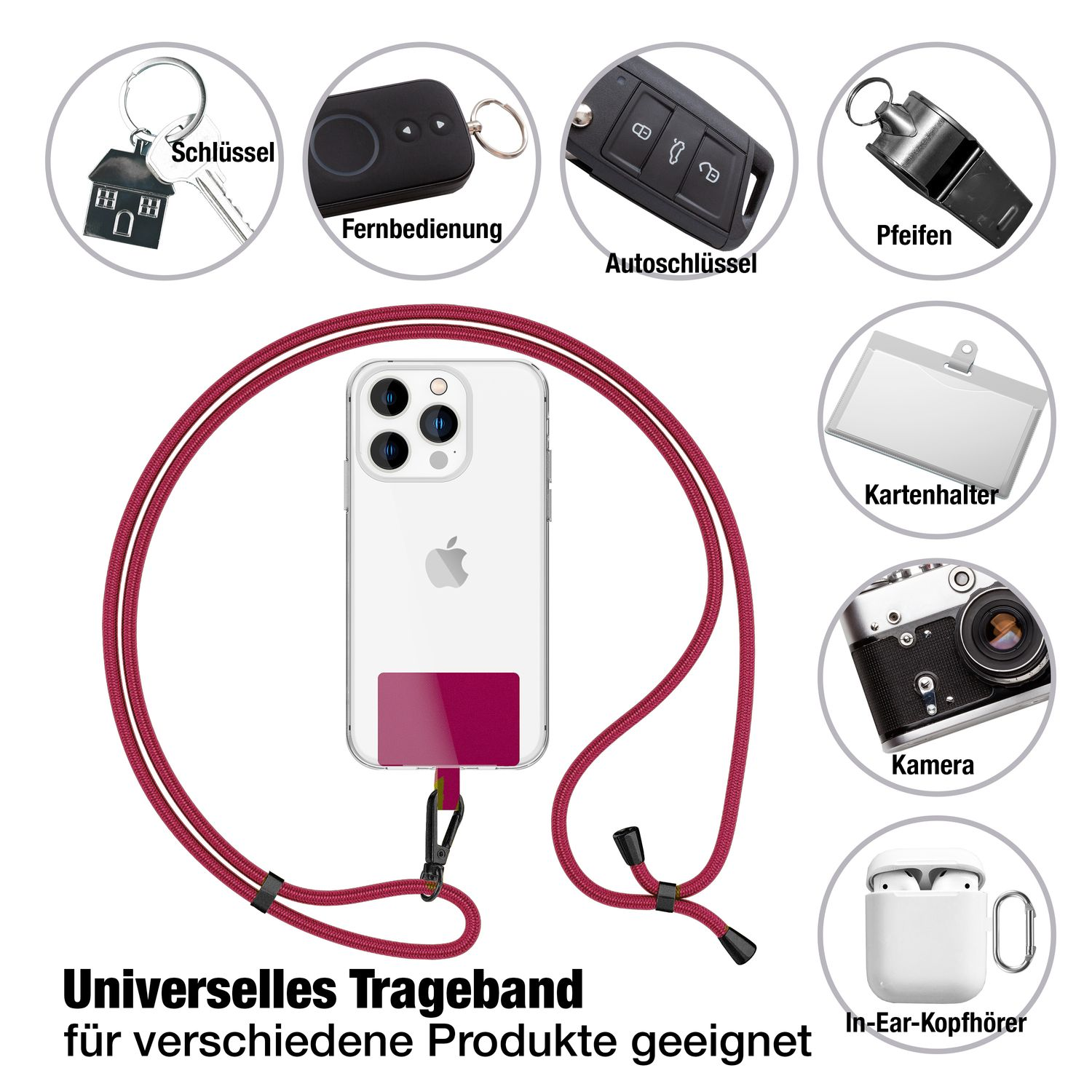 Ein Telefon mit rotem Band und Zubehör: Schlüssel, Fernbedienung, Pfeife usw.