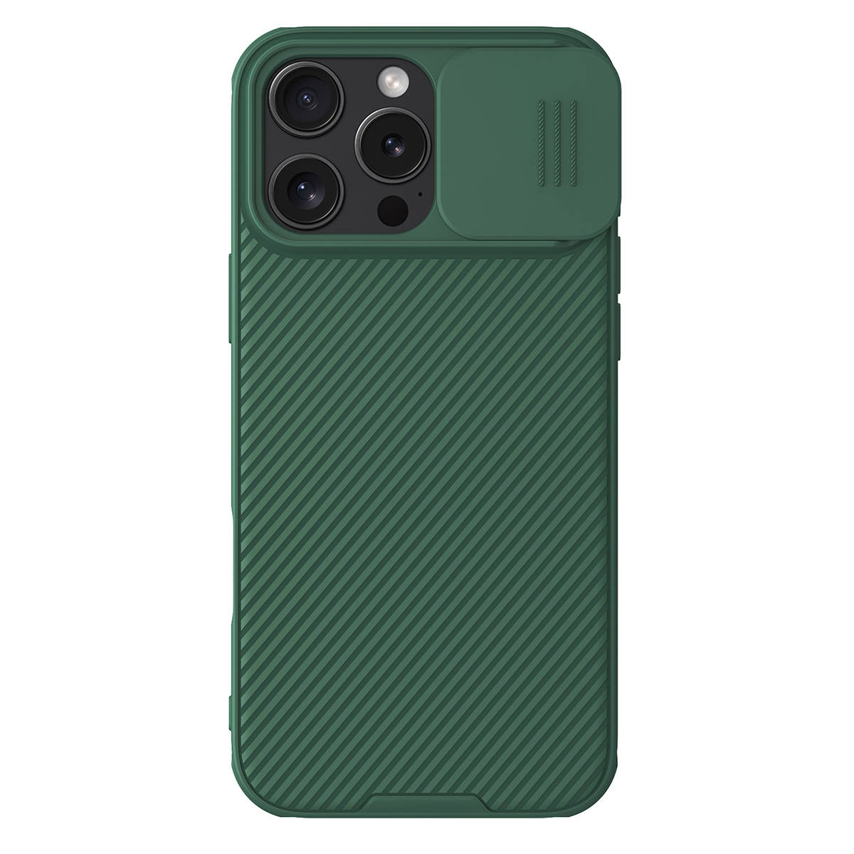 Custodia per telefono verde con copertura per fotocamera. La custodia è su sfondo bianco.