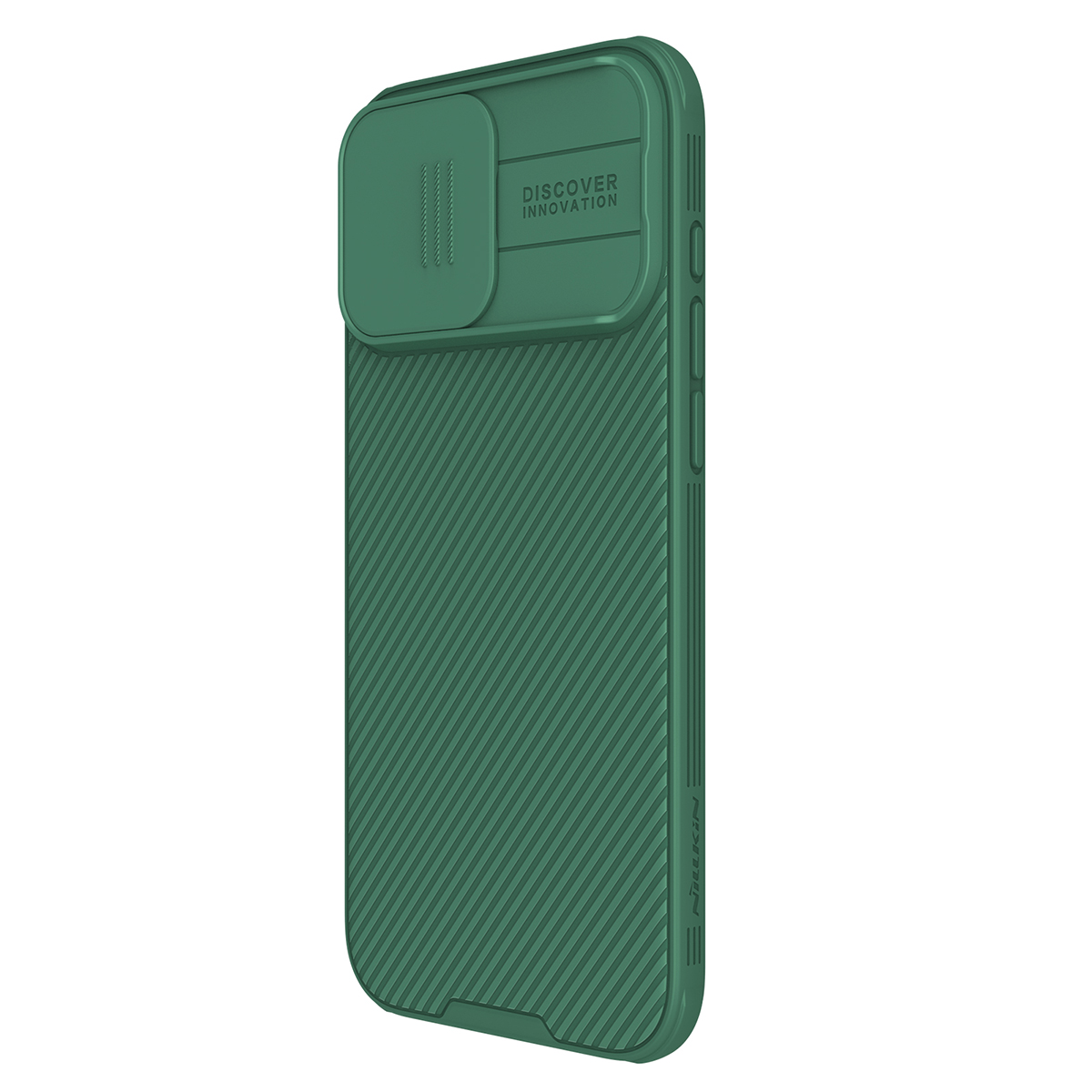 Custodia verde per telefono con copertura fotocamera, motivo diagonale strutturato e sfondo bianco.