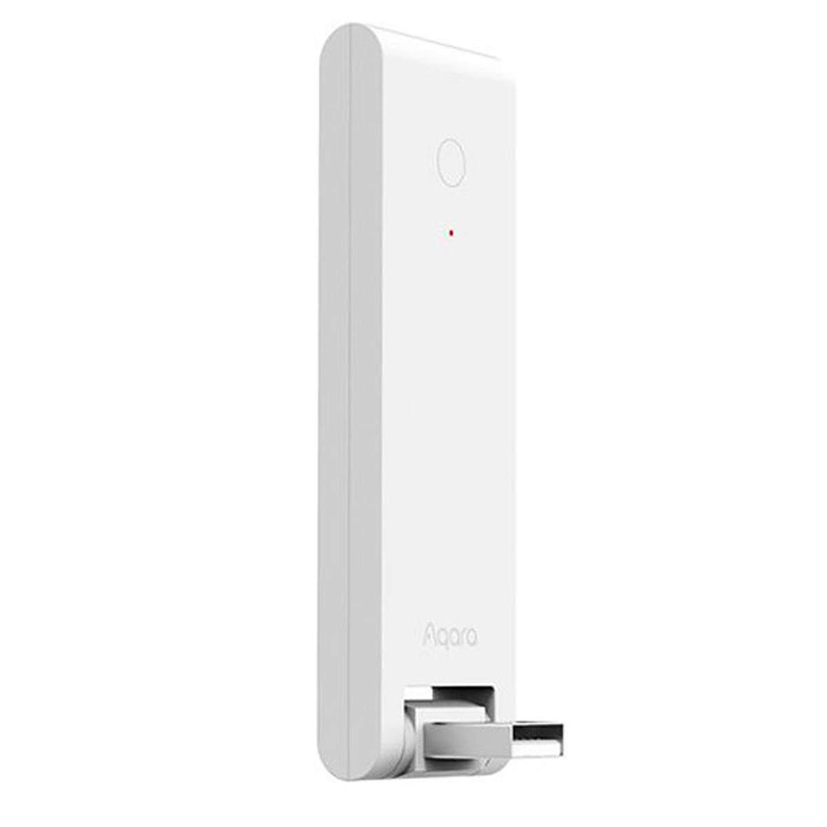 Weißes Smart-Home-Gerät mit USB-Stecker. Hat ein kleines rotes Licht und das Aqara-Logo. Weißer Hintergrund.