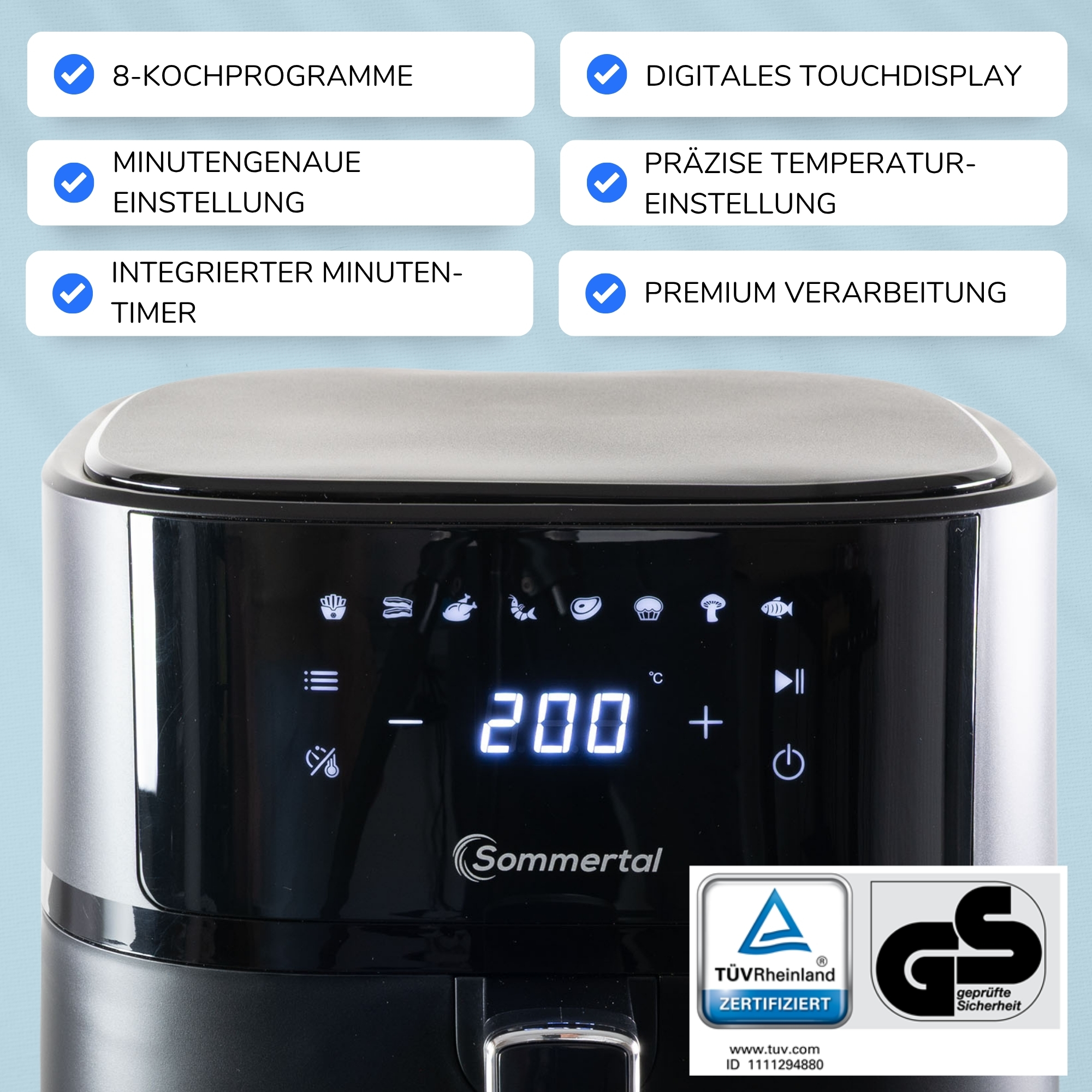 Nahaufnahme des Airfryer-Displays, das 200 anzeigt. Text hebt Funktionen wie Touch-Display und Timer hervor.