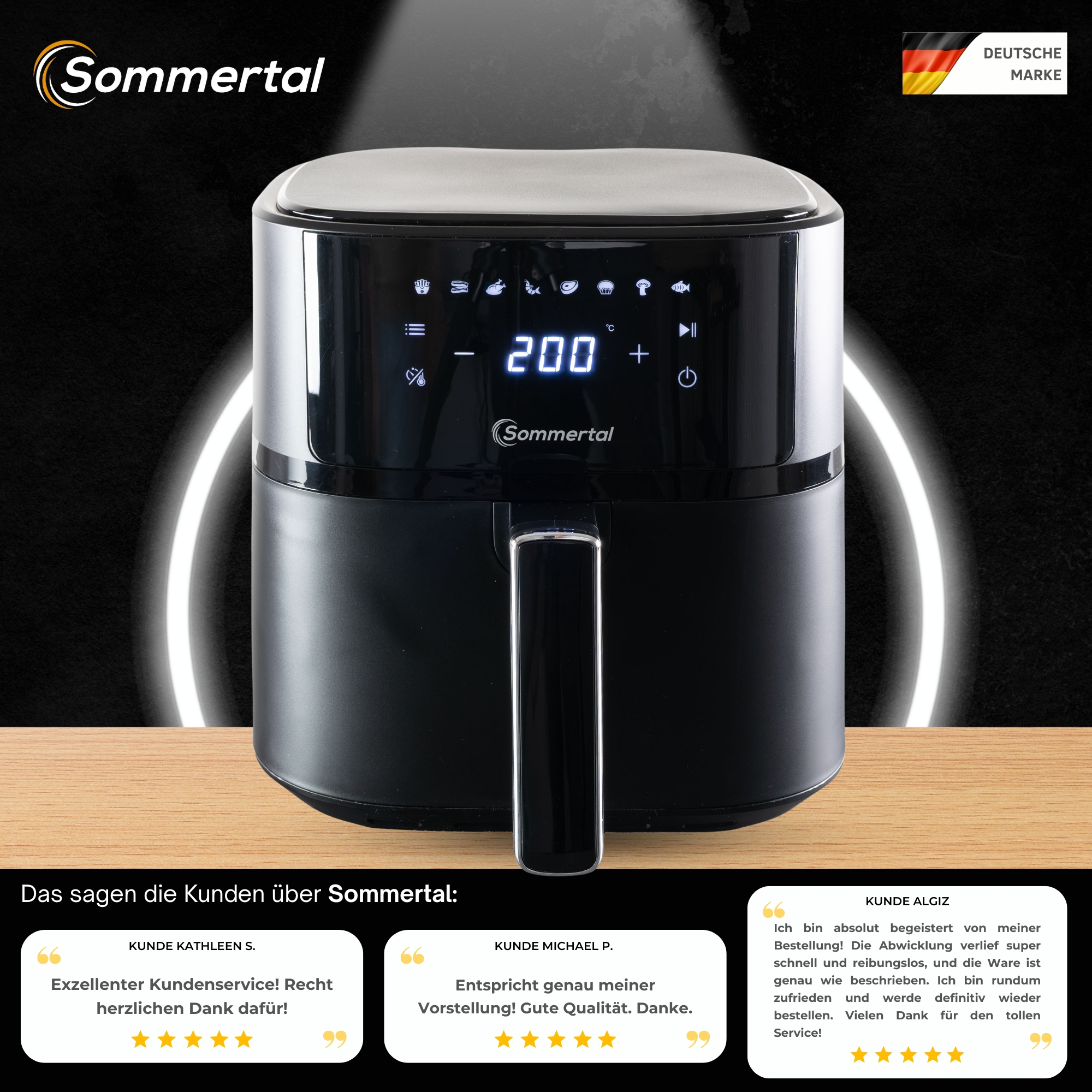 Schwarze Heißluftfritteuse mit Digitalanzeige, die 200 Grad anzeigt. Unten sind Kundenbewertungen aufgeführt.