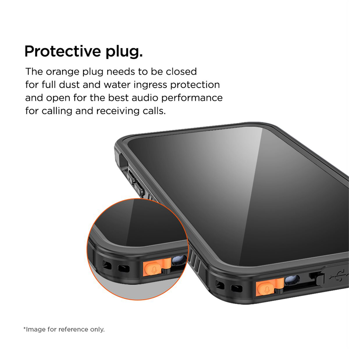 Custodia nera per telefono con spina arancione. La spina deve essere chiusa per protezione e aperta per le chiamate audio.