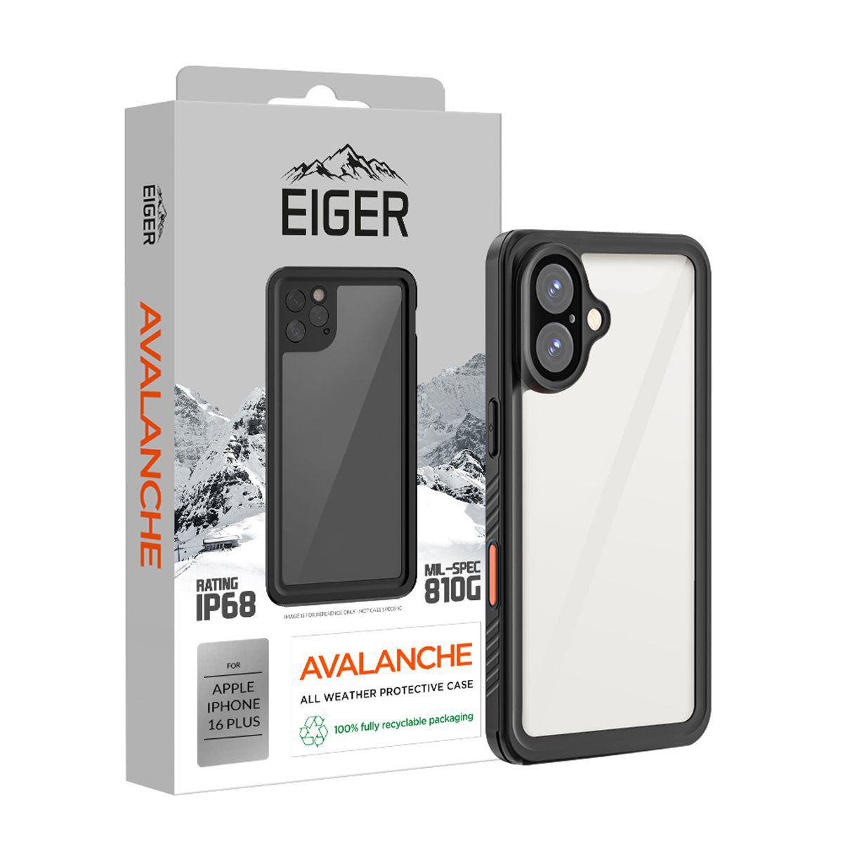 Scatola della custodia per telefono Eiger Avalanche e la custodia. La scatola ha l'immagine della custodia.
