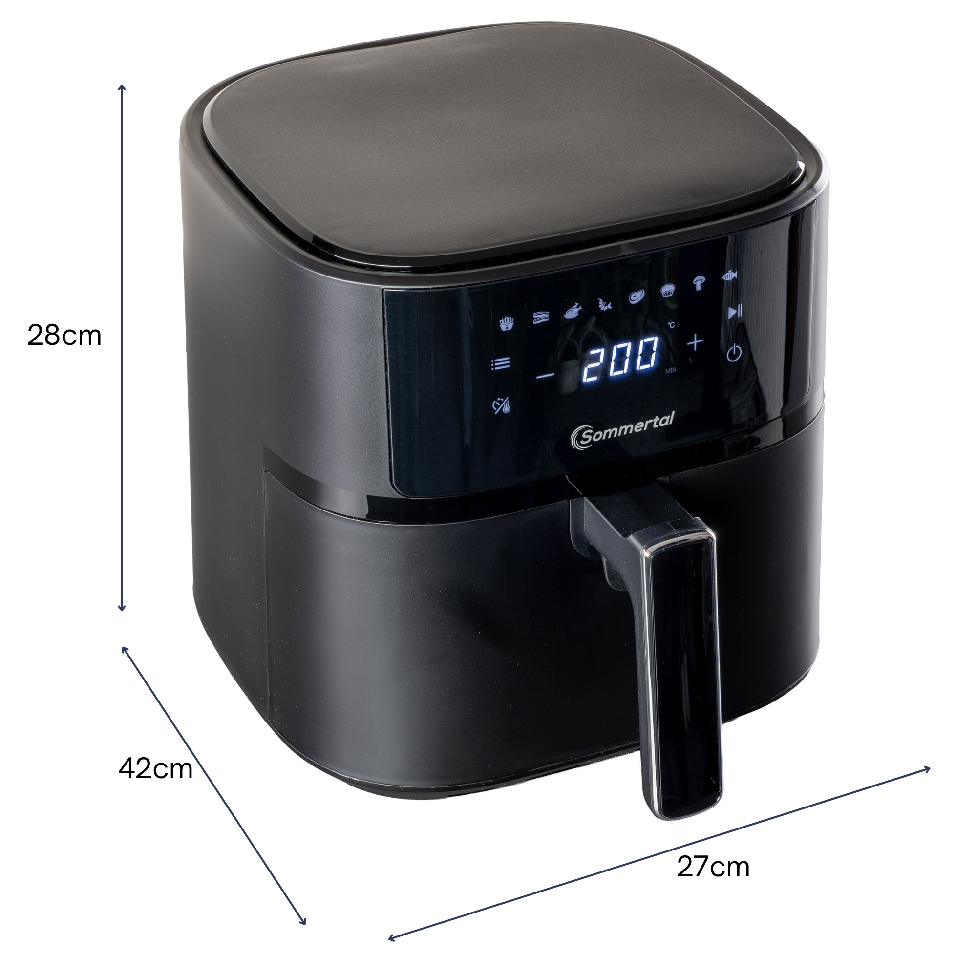 Schwarze Heißluftfritteuse mit Abmessungen. Der Fritteuse ist schwarz mit digitaler Anzeige.