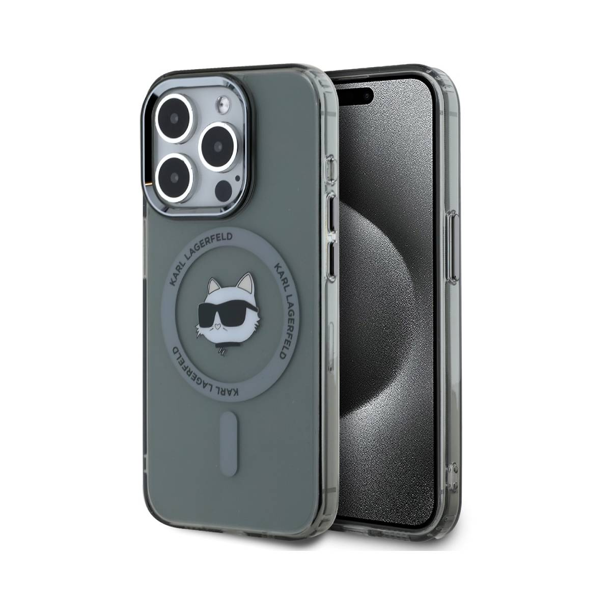 Un telefono con una custodia trasparente, con un design a gatto dei cartoni animati e il logo Karl Lagerfeld.