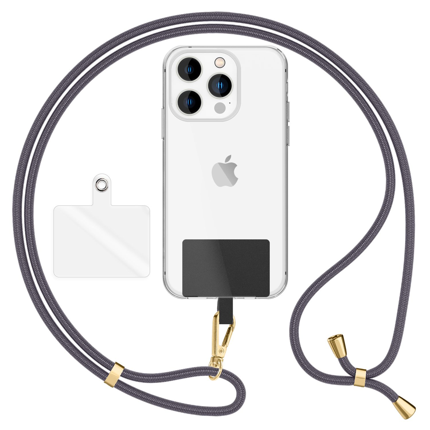 iPhone mit klarer Hülle und Lanyard. Das Lanyard ist grau mit goldenen Details.