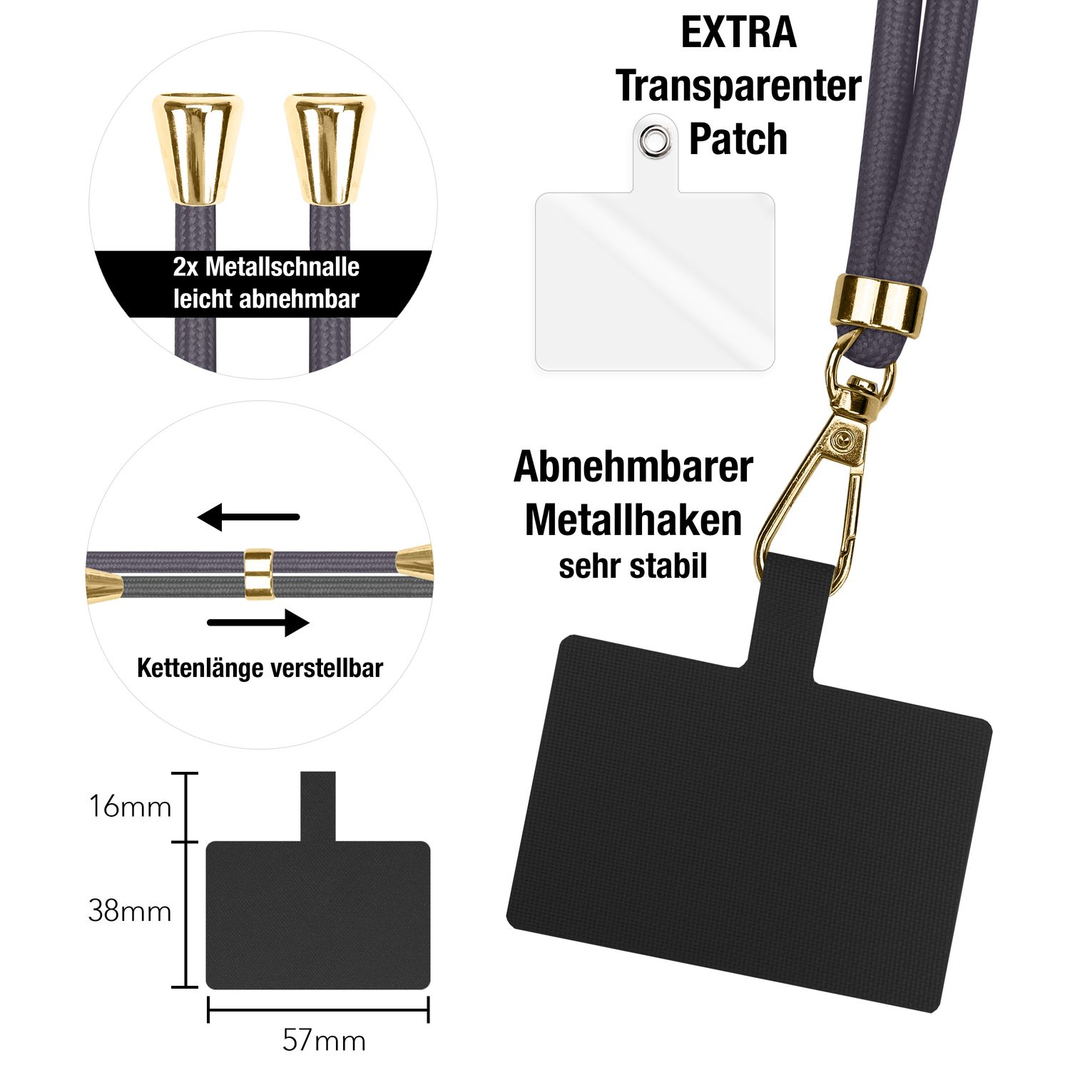 Nahaufnahme von Teilen eines Telefon-Lanyards. Enthält Metallverschlüsse, verstellbare Länge und Patch.